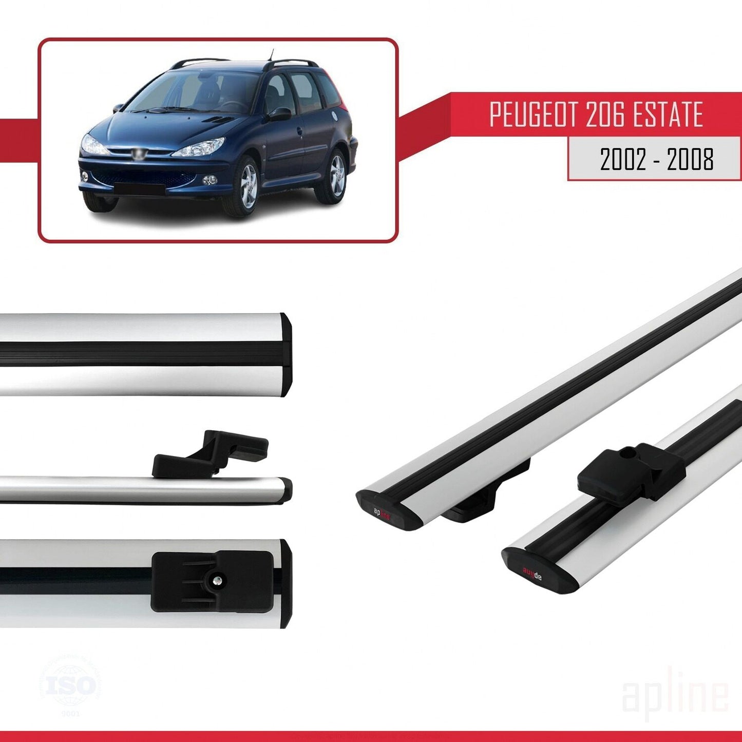 Compatible avec Peugeot 206 Break 2002-2008 BASIC Model Barres de Toit Railing Porte-Bagages de Voiture Gris Aluminium 2 Barres