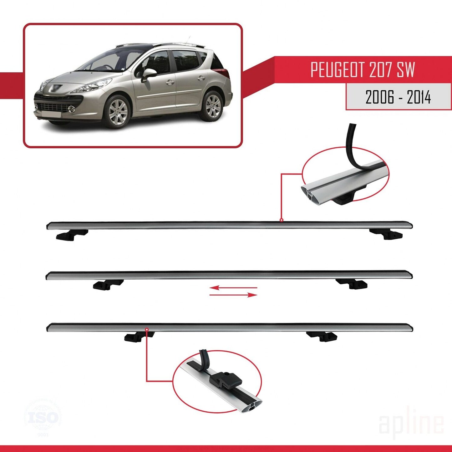 Compatible avec Peugeot 207 Break 2006-2014 BASIC Model Barres de Toit Railing Porte-Bagages de Voiture Gris Aluminium 3 Barres