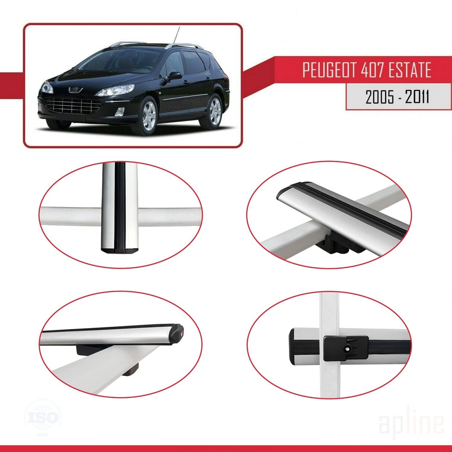 Compatible with Peugeot 407 SW 2005-2011 BASIC Model Car Roof Rack Cross Bar Grey Aluminium 3 Bars