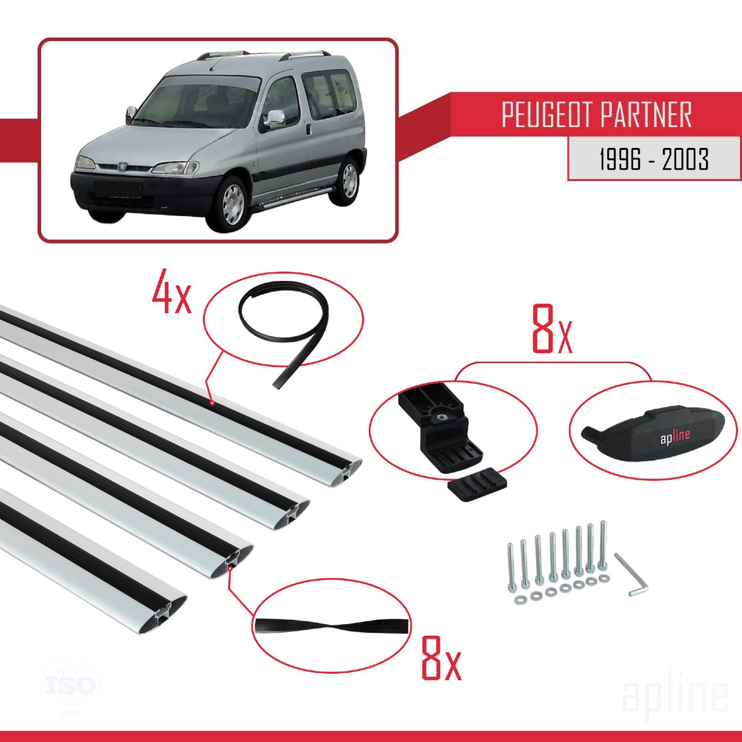 Compatible avec Peugeot Partner Pre-Facelift 1996-2003 BASIC Model Barres de Toit Railing Porte-Bagages de Voiture Gris Aluminium 4 Barres