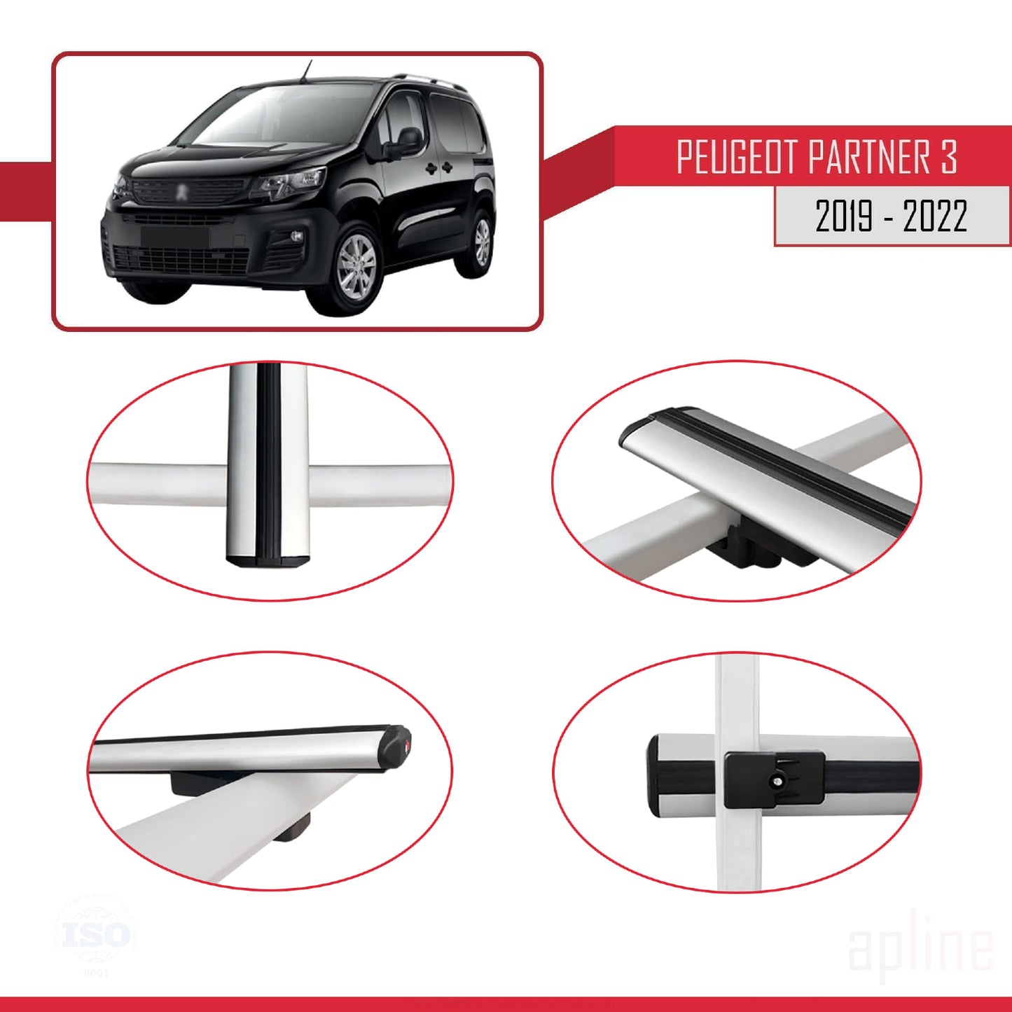 Compatible avec Peugeot Partner 3 2019-2022 BASIC Model Barres de Toit Railing Porte-Bagages de Voiture Gris Aluminium 4 Barres