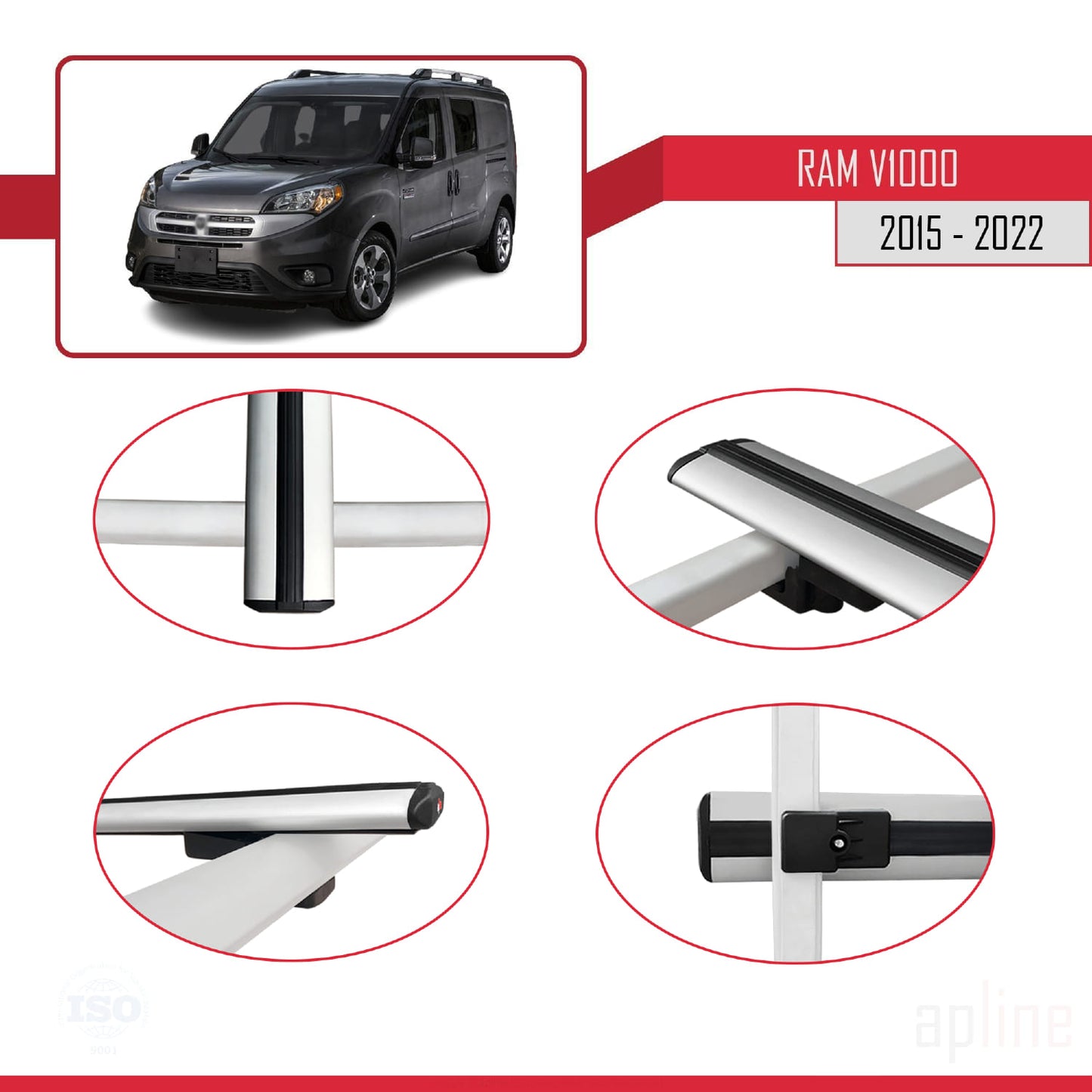 Compatible avec Ram V1000 2015-2022 BASIC Model Barres de Toit Railing Porte-Bagages de Voiture Gris Aluminium 2 Barres