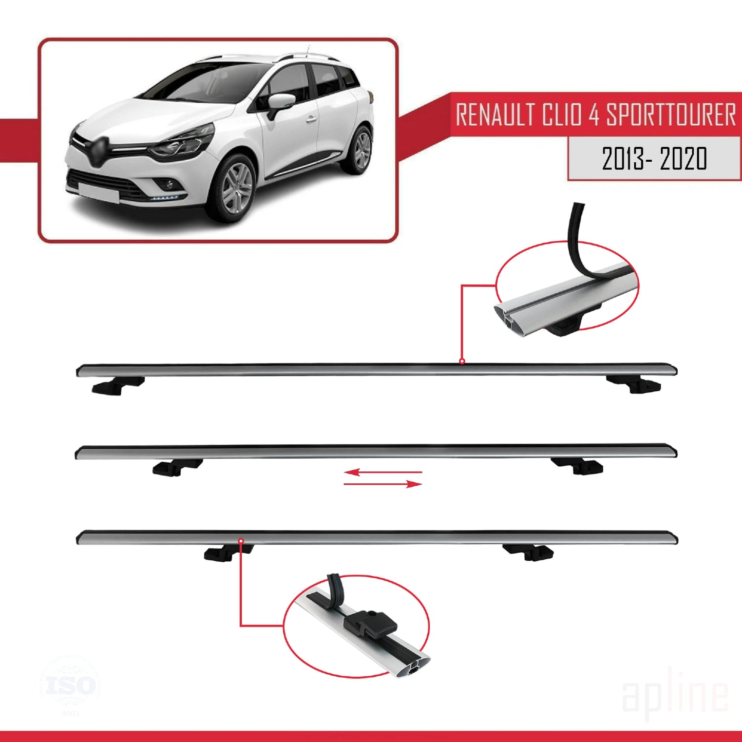Compatible avec Renault Clio 4 ST 2013-2020 BASIC Model Barres de Toit Railing Porte-Bagages de Voiture Gris Aluminium 2 Barres