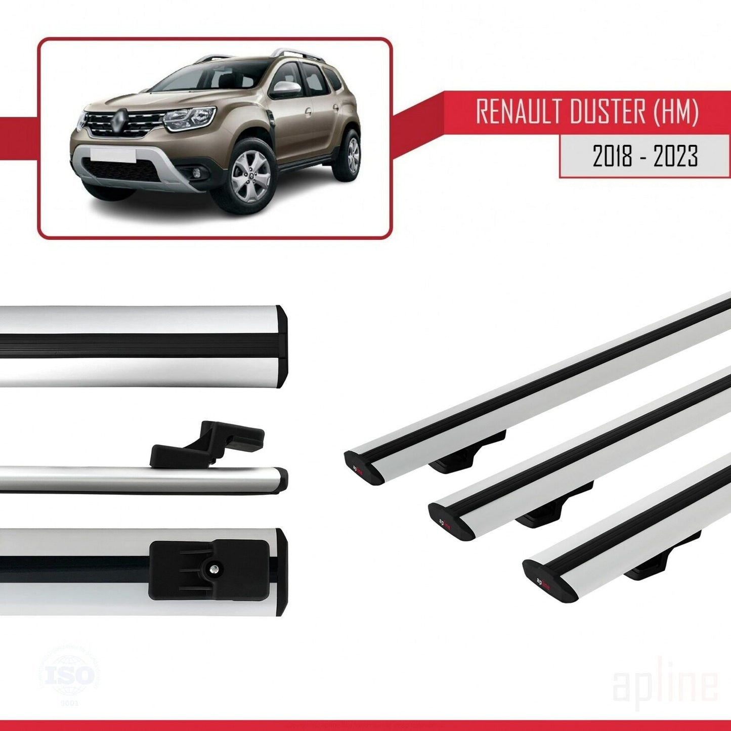 Compatible avec Renault Duster 2 (HM) 2018-2024 BASIC Model Barres de Toit Railing Porte-Bagages de Voiture Gris Aluminium 3 Barres
