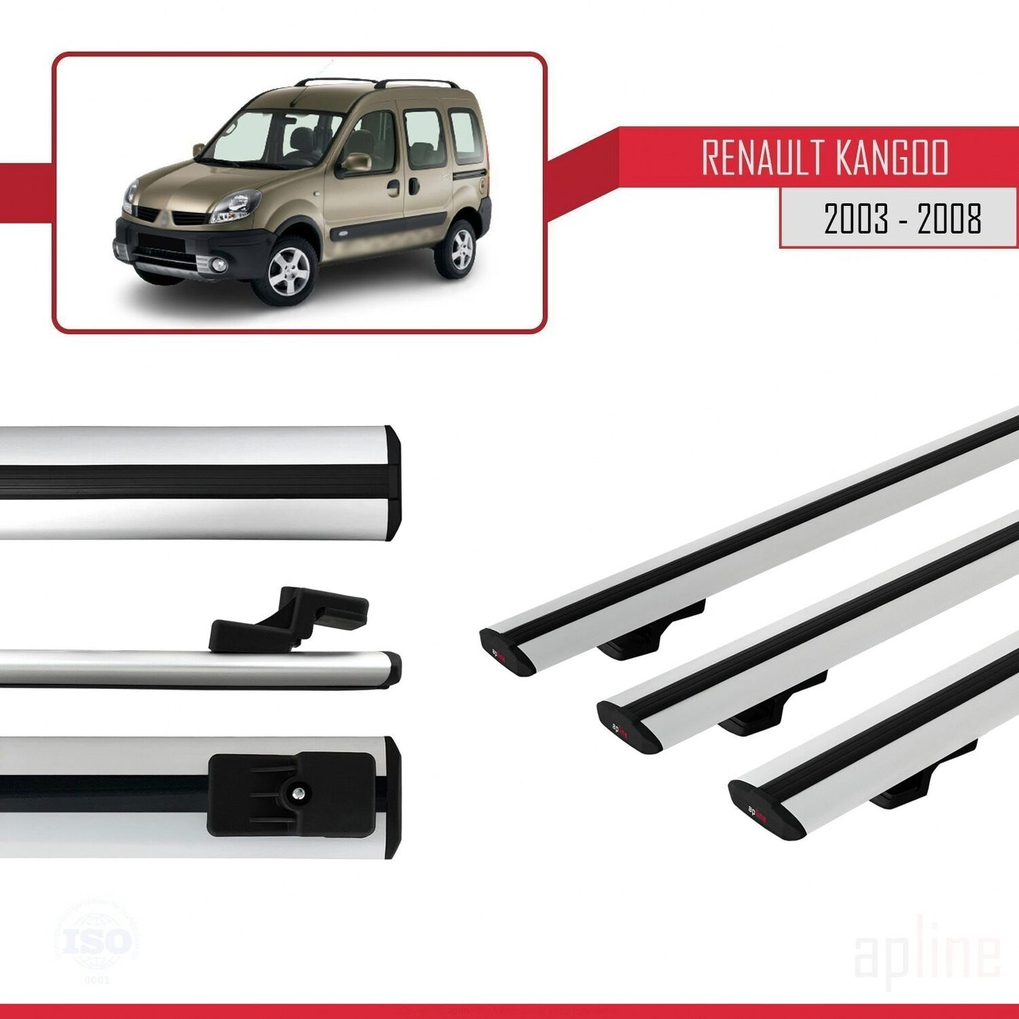 Compatible avec Renault Kangoo (X76) Post-Facelift 2003-2008 BASIC Model Barres de Toit Railing Porte-Bagages de Voiture Gris Aluminium 3 Barres