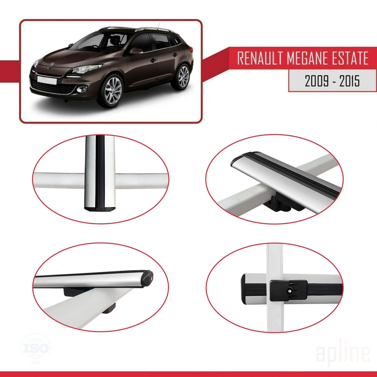 Compatible avec Renault Megane 3 ST 2009-2015 BASIC Model Barres de Toit Railing Porte-Bagages de Voiture Gris Aluminium 2 Barres