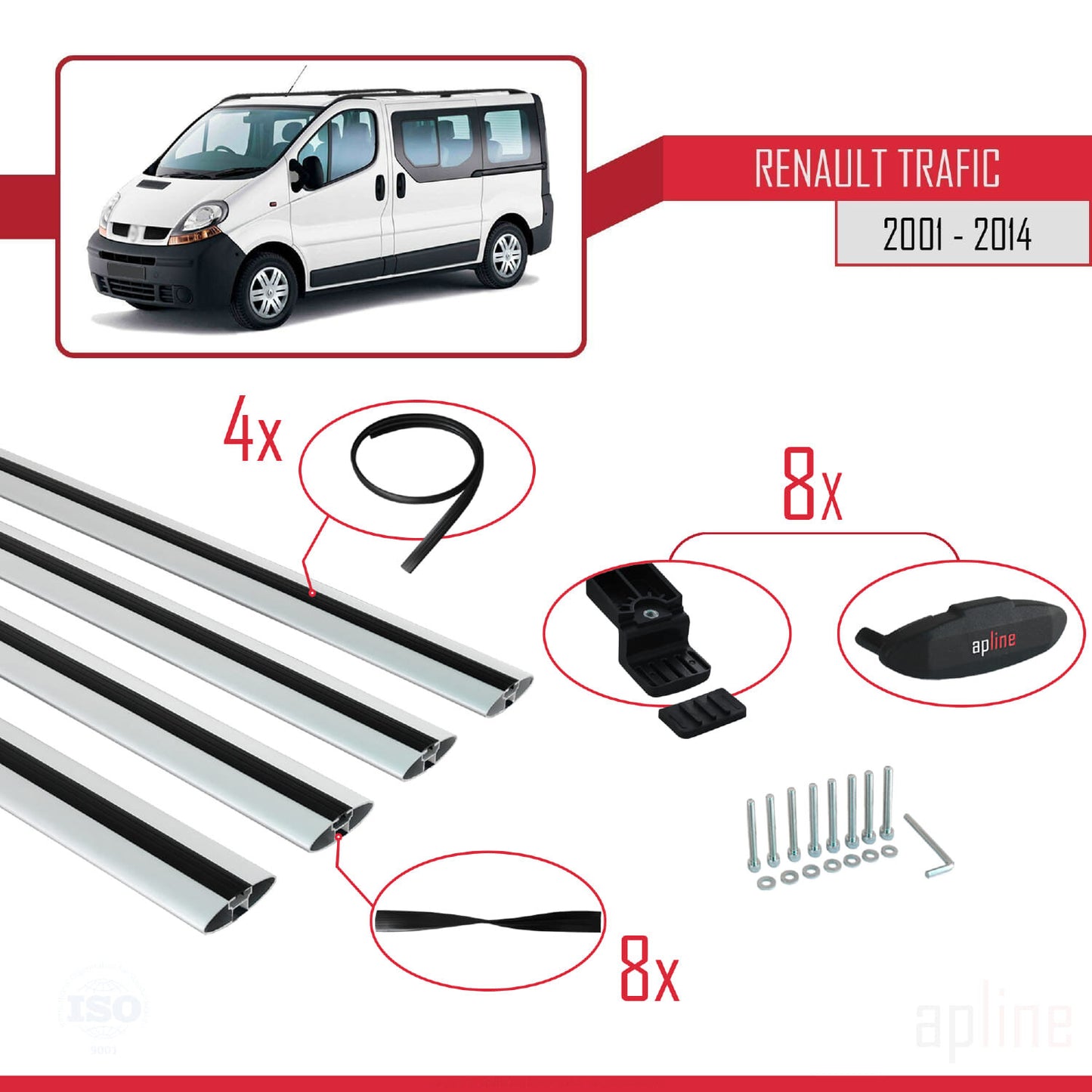 Compatible avec Renault Trafic 2 (X83) 2001-2014 BASIC Model Barres de Toit Railing Porte-Bagages de Voiture Gris Aluminium 4 Barres