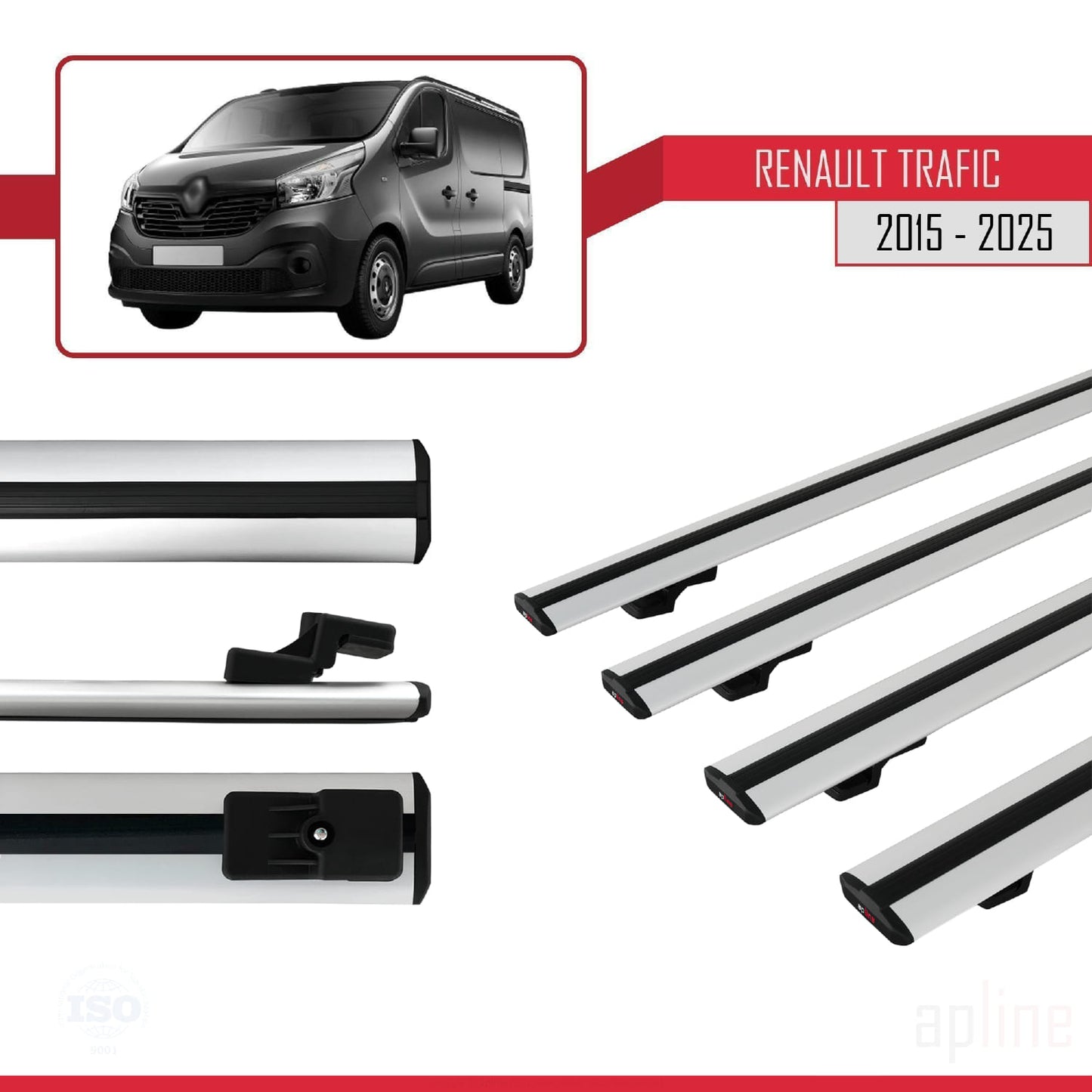Compatible avec Renault Trafic 3 (X82) 2015-2025 BASIC Model Barres de Toit Railing Porte-Bagages de Voiture Gris Aluminium 4 Barres