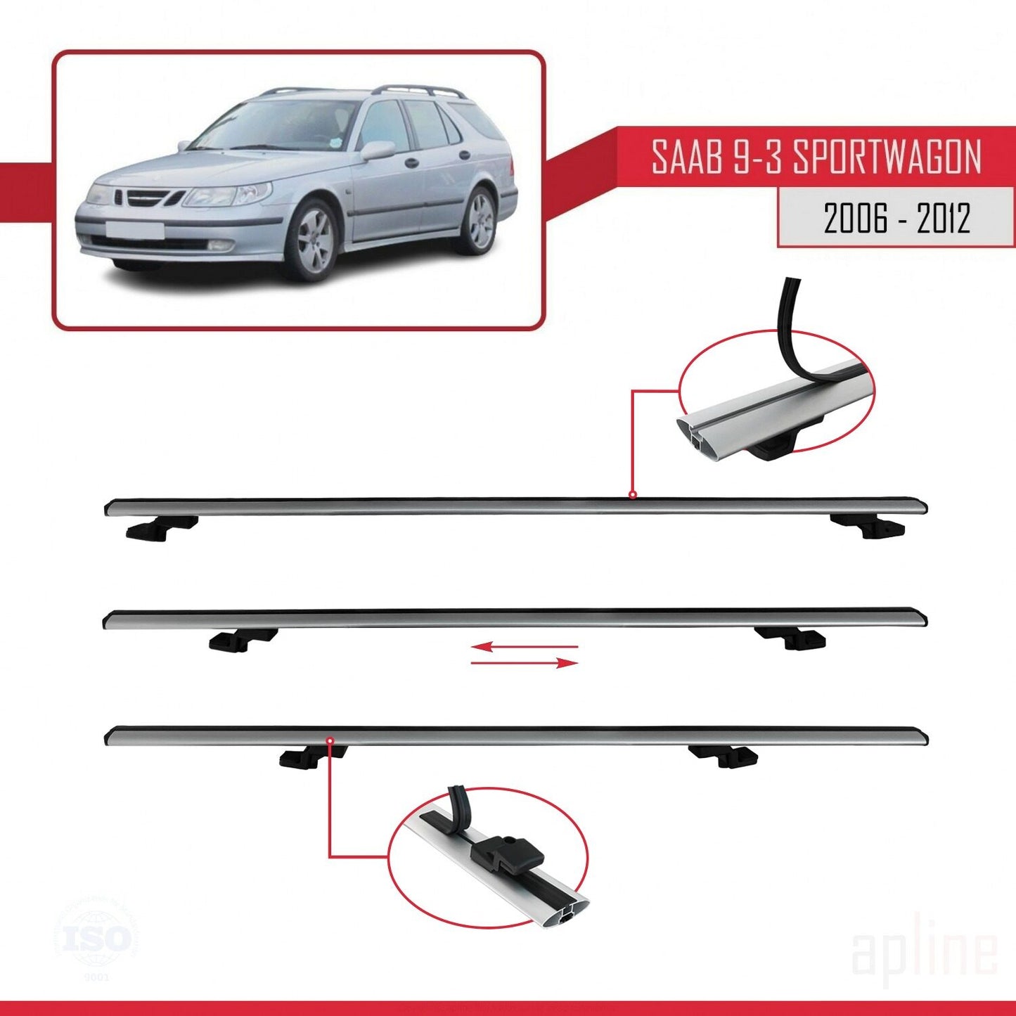 Compatible avec Saab 9-3 II Break 2006-2012 BASIC Model Barres de Toit Railing Porte-Bagages de Voiture Gris Aluminium 2 Barres