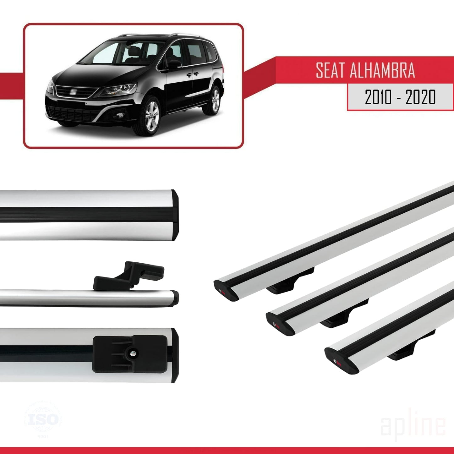 Compatible avec Seat Alhambra 2 (7N) 2010-2020 BASIC Model Barres de Toit Railing Porte-Bagages de Voiture Gris Aluminium 3 Barres