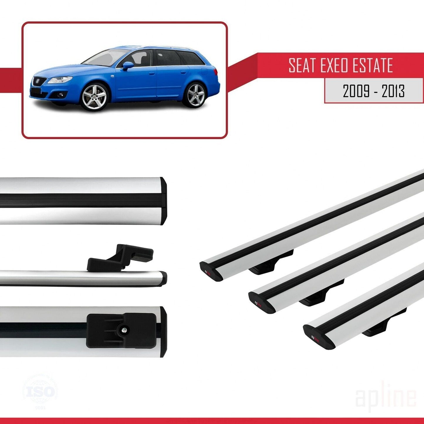 Compatible with Seat Exeo (3R9) ST 2009-2013 BASIC Model Car Roof Rack Cross Bar Grey Aluminium 3 Bars