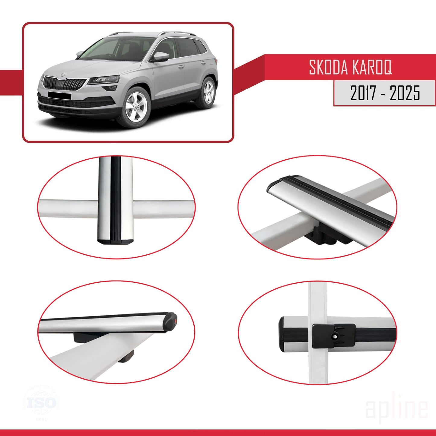 Compatible with Skoda Karoq 2017-2025 BASIC Model Car Roof Rack Cross Bar Grey Aluminium 2 Bars