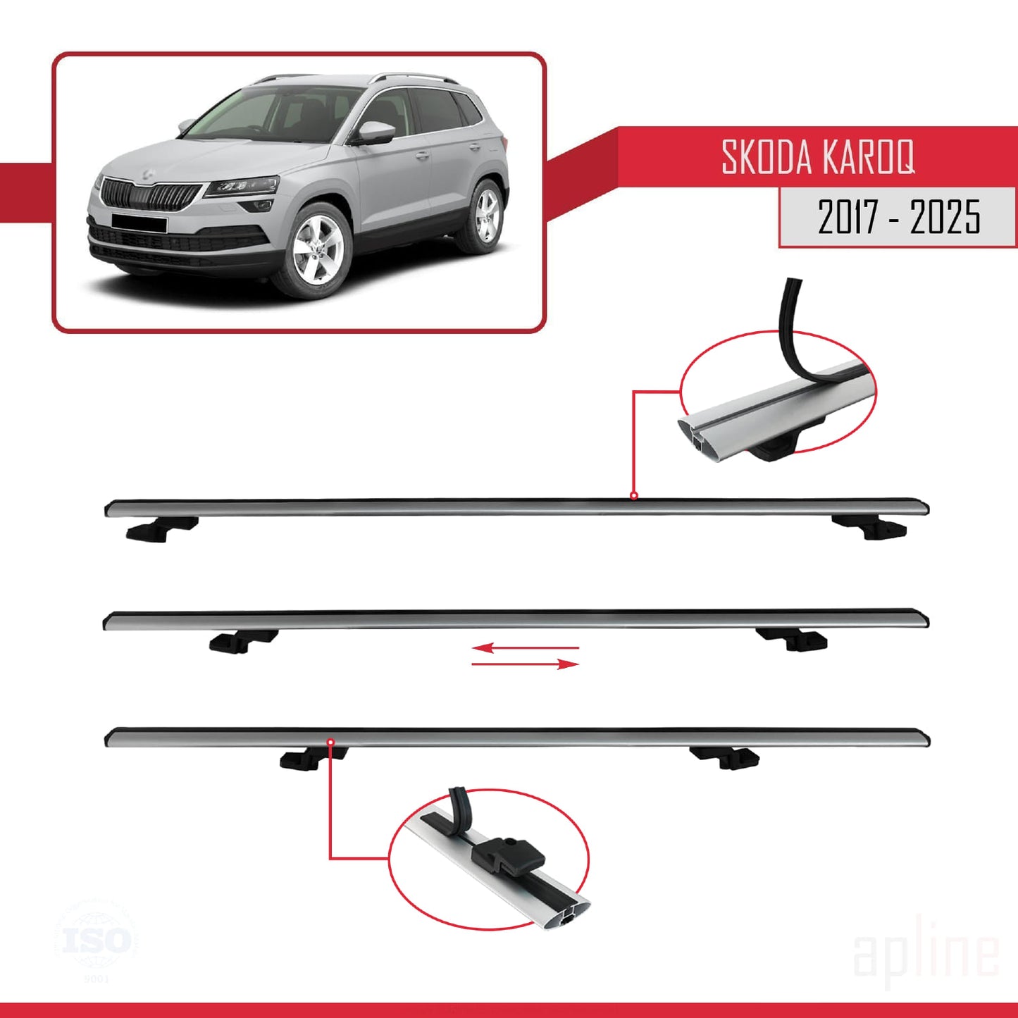 Compatible with Skoda Karoq 2017-2025 BASIC Model Car Roof Rack Cross Bar Grey Aluminium 2 Bars