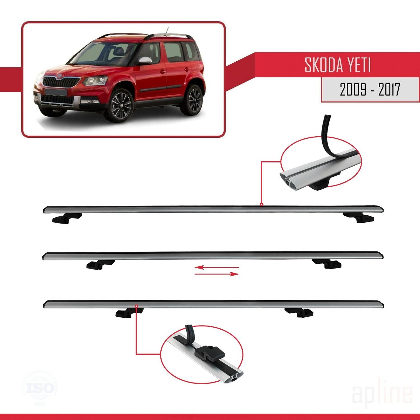 Compatible avec Skoda Yeti 2009-2017  BASIC Model Barres de Toit Railing Porte-Bagages de Voiture Gris Aluminium 3 Barres