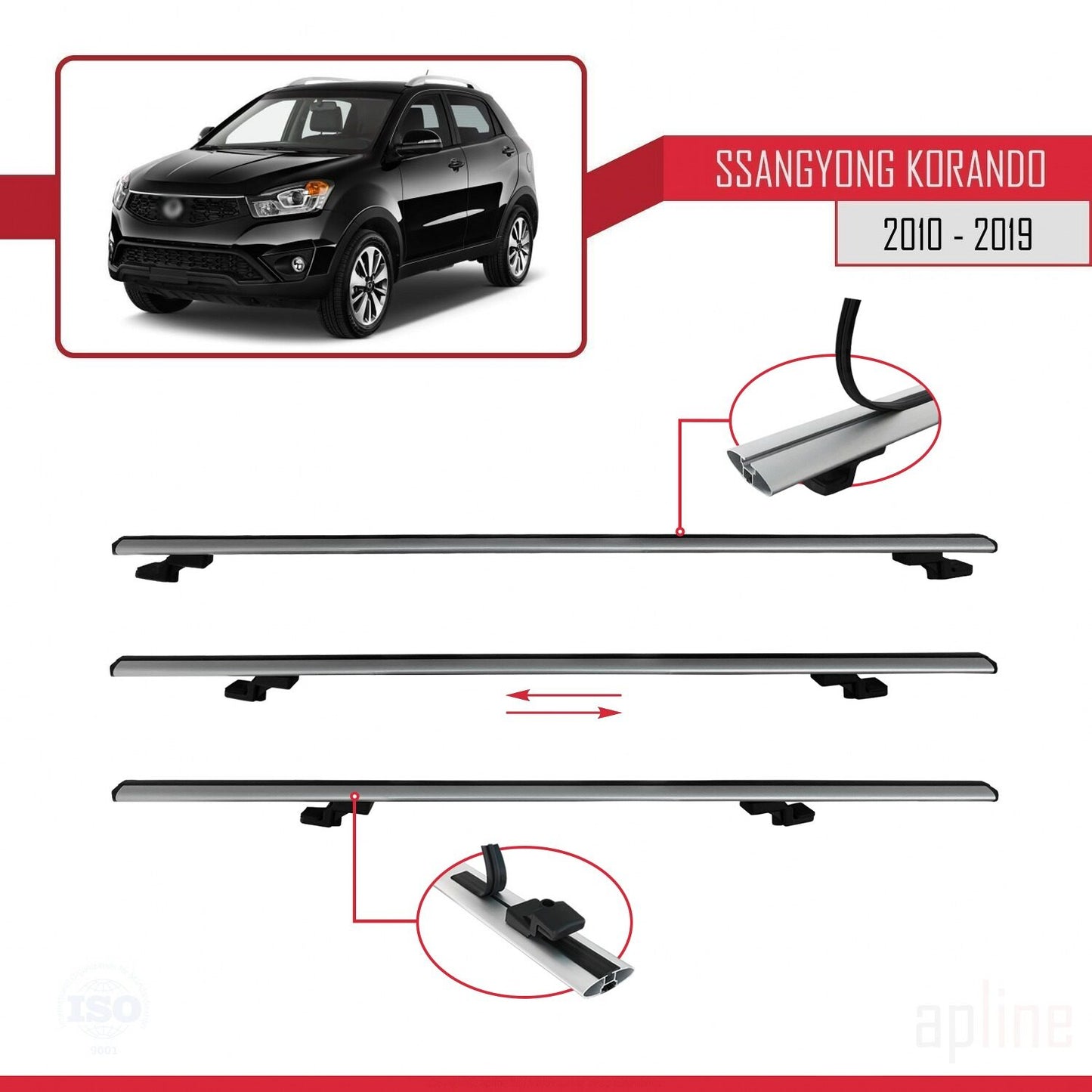 Compatible avec Ssangyong Korando 3 (C200) 2010-2019 BASIC Model Barres de Toit Railing Porte-Bagages de Voiture Gris Aluminium 2 Barres