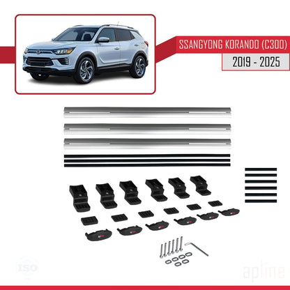 Compatible avec Ssangyong Korando 4 (C300) 2019-2025 BASIC Model Barres de Toit Railing Porte-Bagages de Voiture Gris Aluminium 3 Barres