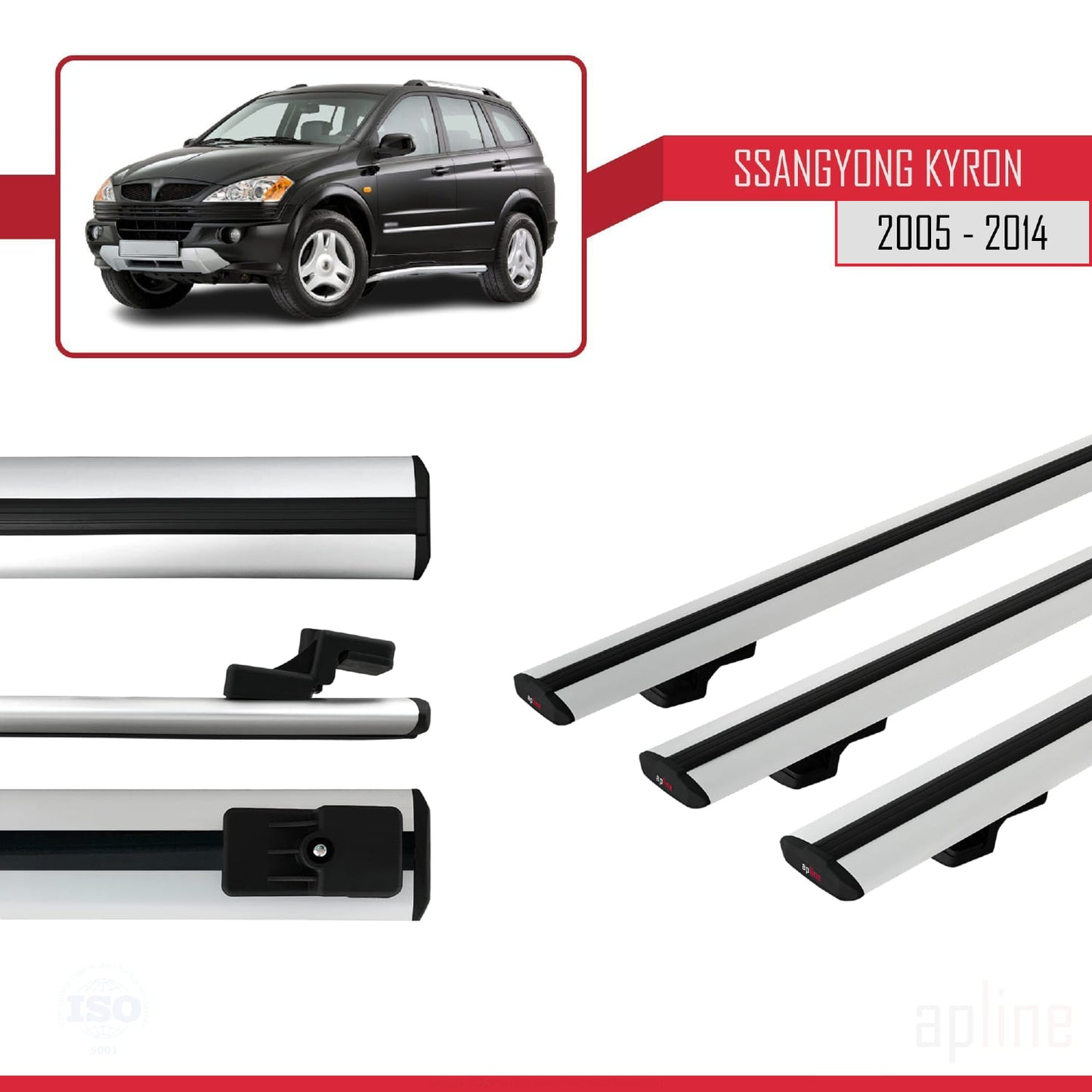 Compatible with Ssangyong Kyron 2005-2014 BASIC Model Car Roof Rack Cross Bar Grey Aluminium 3 Bars