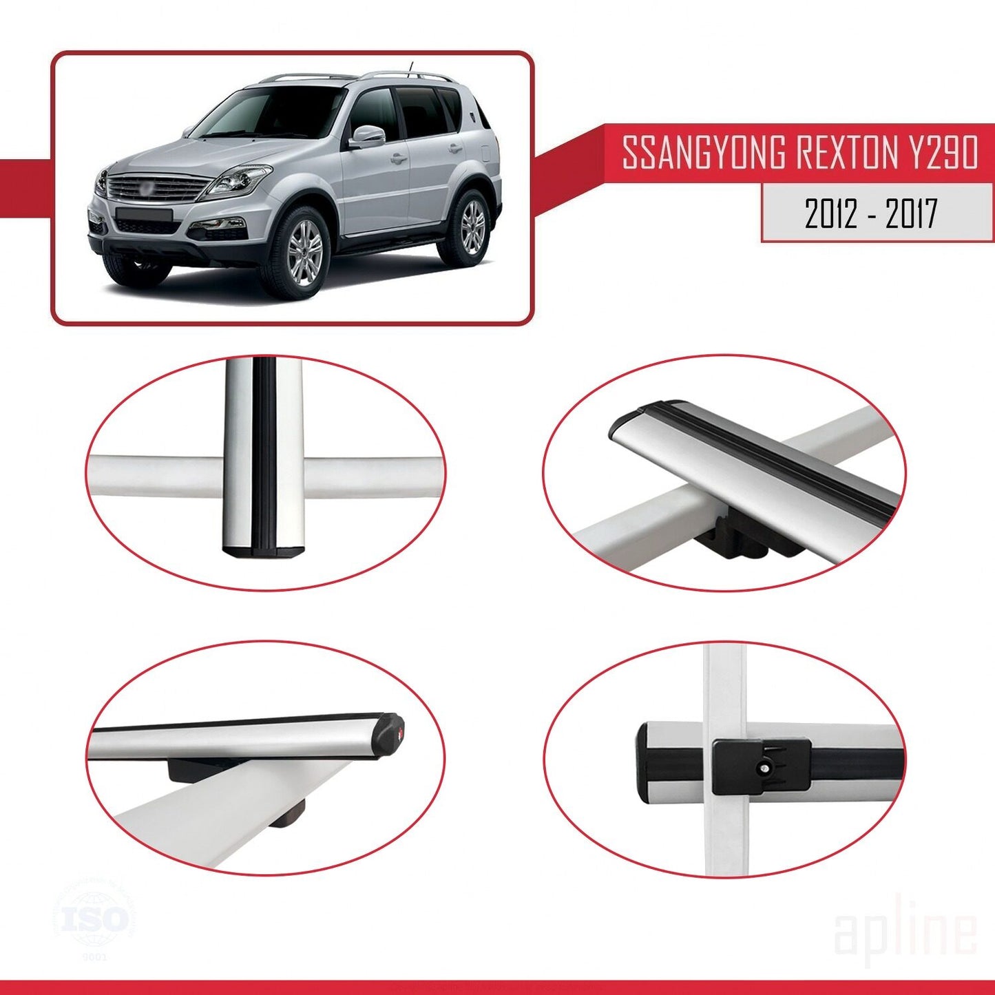 Compatible avec Ssangyong Rexton (Y290) 2012-2017 BASIC Model Barres de Toit Railing Porte-Bagages de Voiture Gris Aluminium 2 Barres