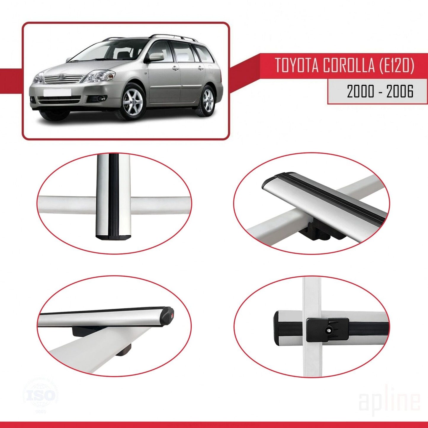 Compatible avec Toyota Corolla 9 (E120) Break 2000-2006 BASIC Model Barres de Toit Railing Porte-Bagages de Voiture Gris Aluminium 3 Barres