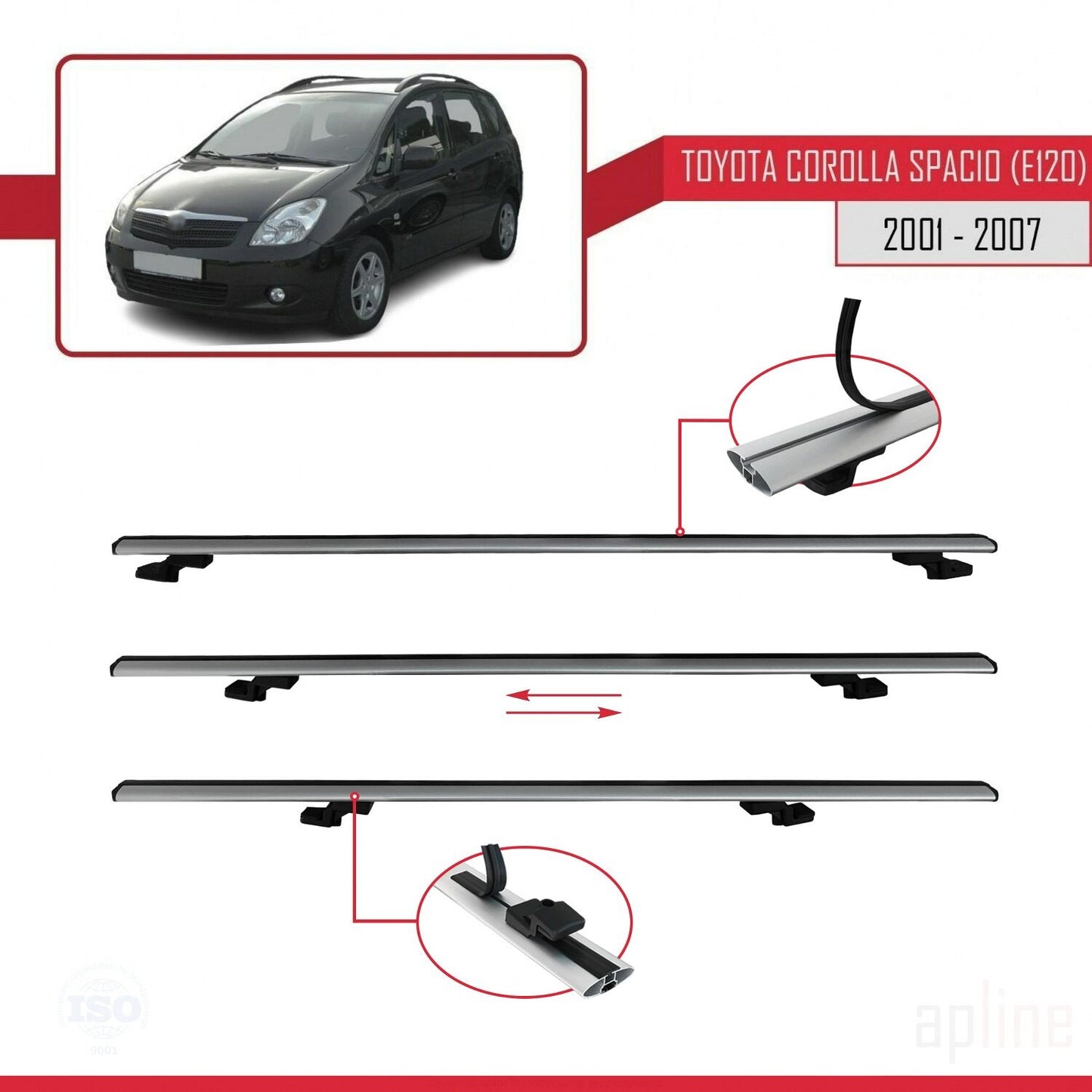 Compatible avec Toyota Corolla Spacio 2 (E120) 2001-2007 BASIC Model Barres de Toit Railing Porte-Bagages de Voiture Gris Aluminium 2 Barres