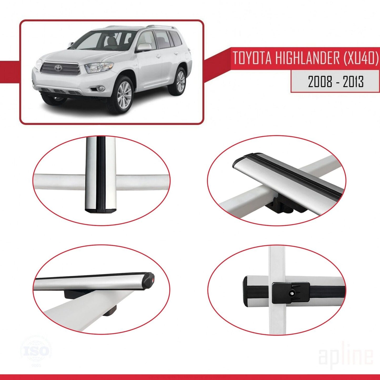 Compatible avec Toyota Highlander (XU40) 2008-2013 BASIC Model Barres de Toit Railing Porte-Bagages de Voiture Gris Aluminium 3 Barres