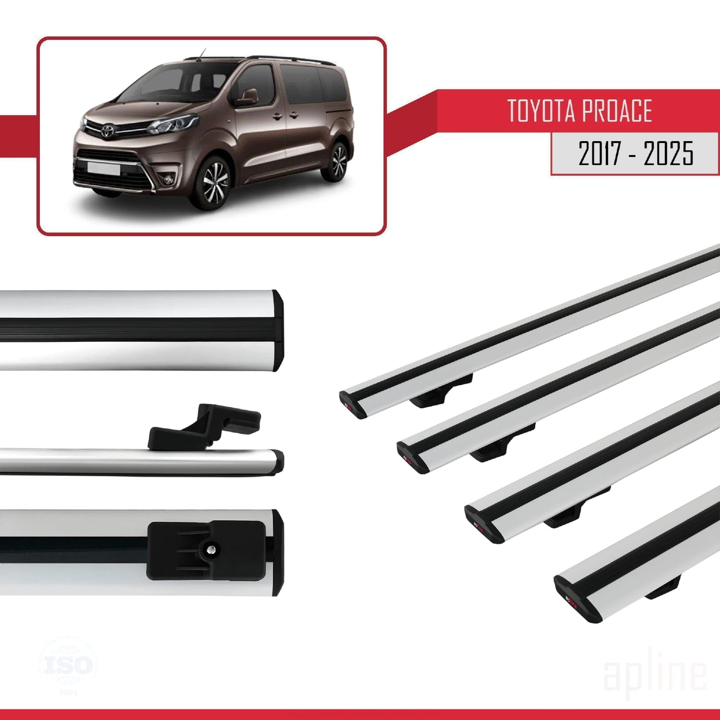 Compatible avec Toyota Proace 2017-2025 BASIC Model Barres de Toit Railing Porte-Bagages de Voiture Gris Aluminium 4 Barres