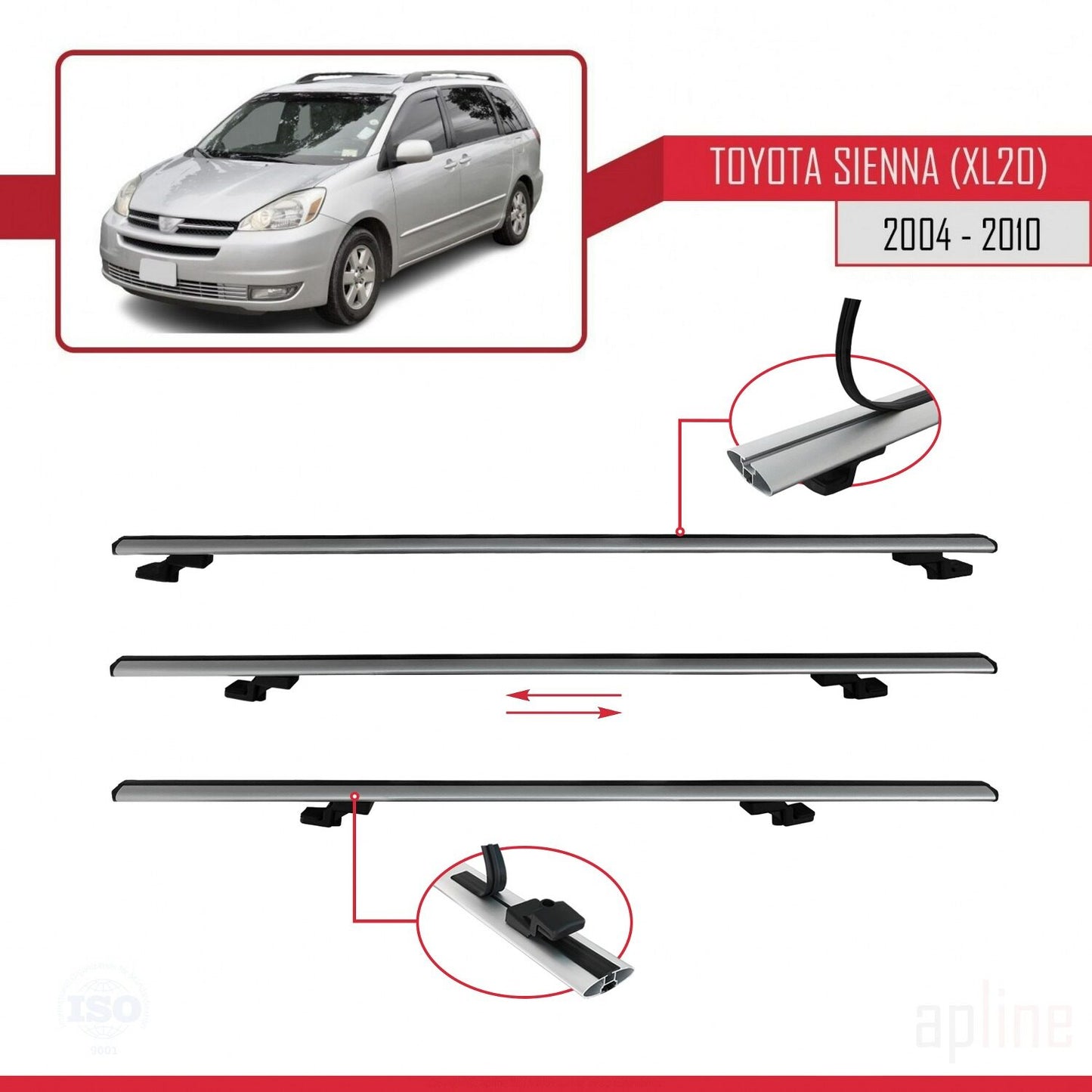 Compatible avec Toyota Sienna 2 (XL20) 2004-2010 BASIC Model Barres de Toit Railing Porte-Bagages de Voiture Gris Aluminium 3 Barres