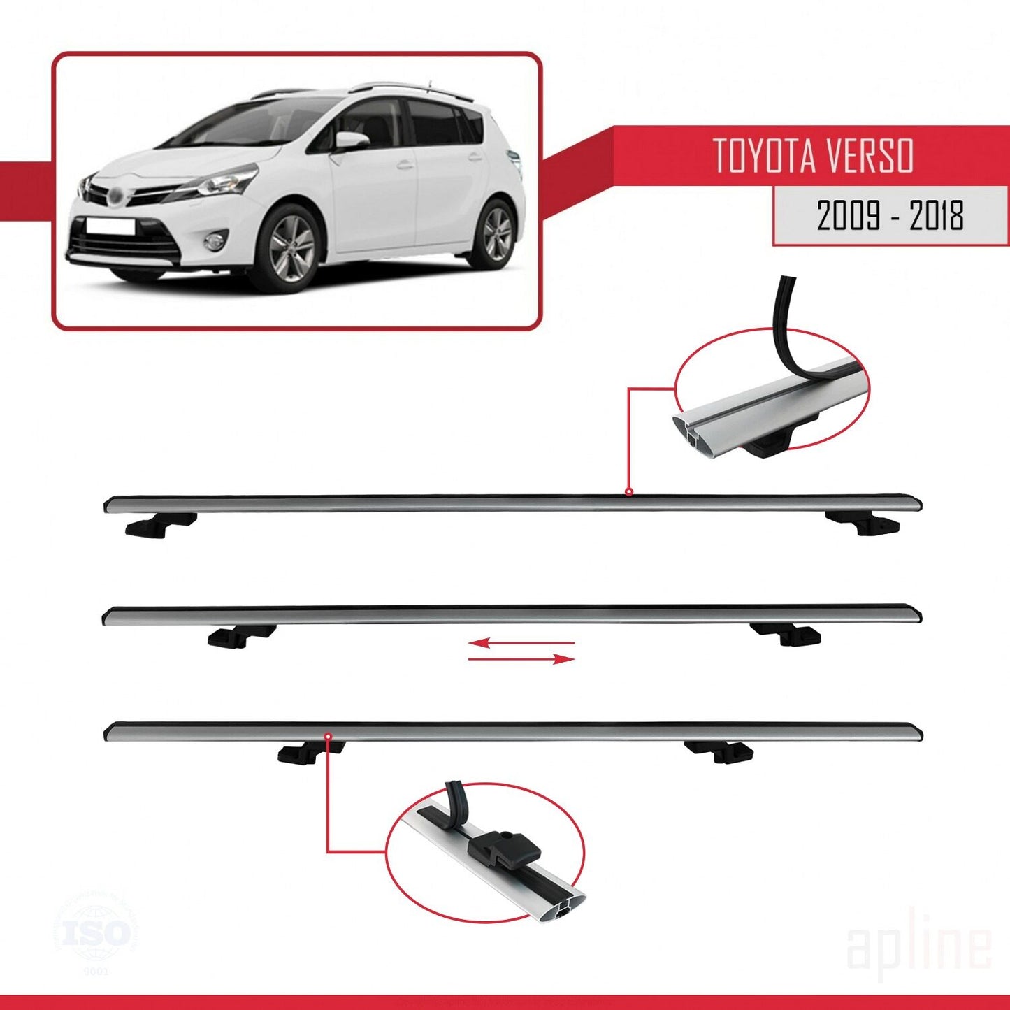 Compatible avec Toyota Verso (AR20) 2009-2018 BASIC Model Barres de Toit Railing Porte-Bagages de Voiture Gris Aluminium 2 Barres