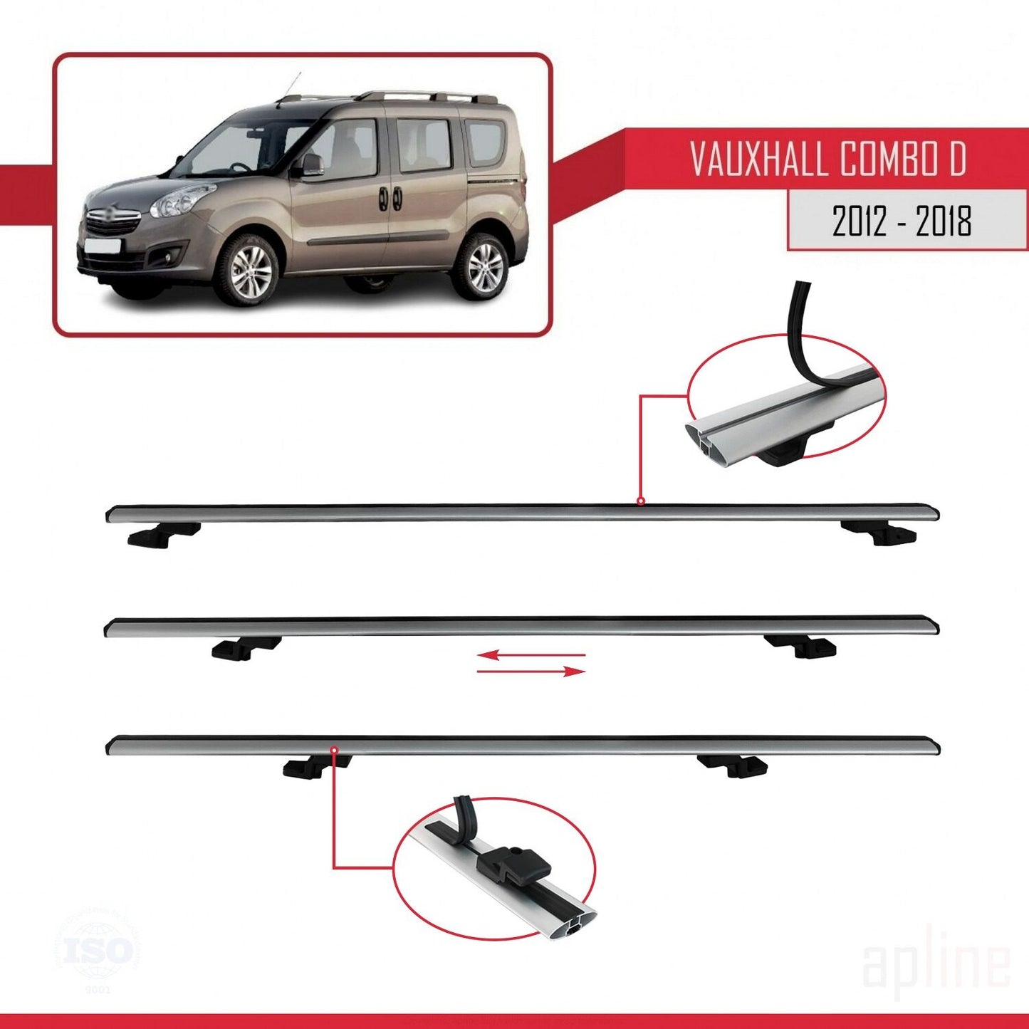 Compatible avec Vauxhall Combo D 2012-2018 BASIC Model Barres de Toit Railing Porte-Bagages de Voiture Gris Aluminium 3 Barres