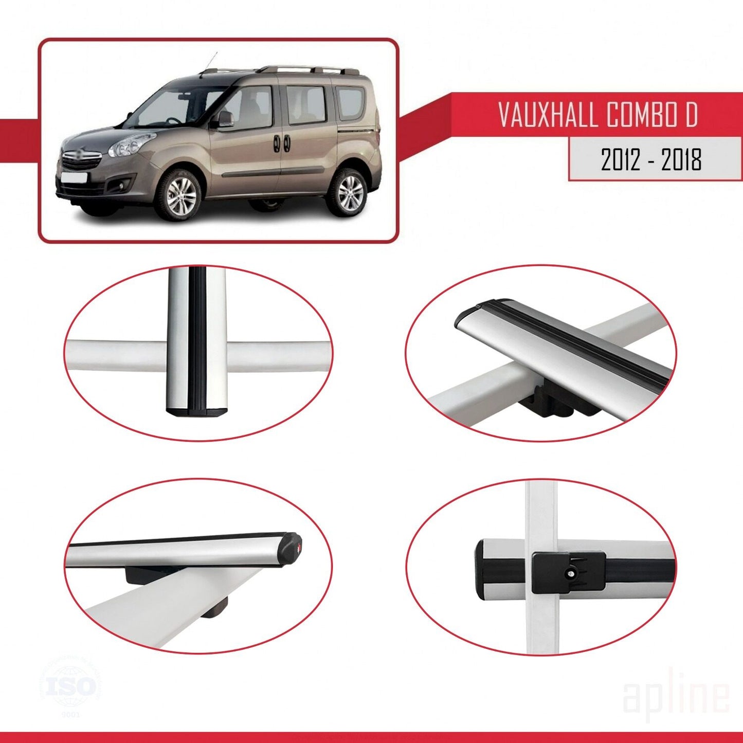 Compatible avec Vauxhall Combo D 2012-2018 BASIC Model Barres de Toit Railing Porte-Bagages de Voiture Gris Aluminium 2 Barres
