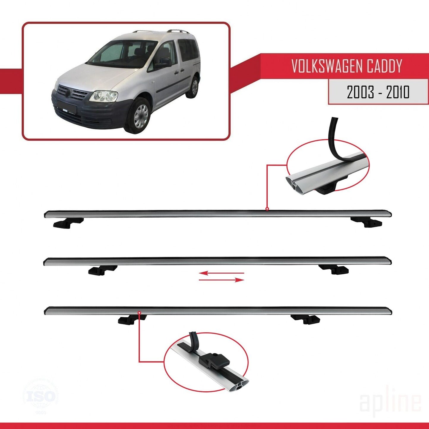 Compatible avec Volkswagen Caddy 3 (2K) 2003-2010 BASIC Model Barres de Toit Railing Porte-Bagages de Voiture Gris Aluminium 2 Barres