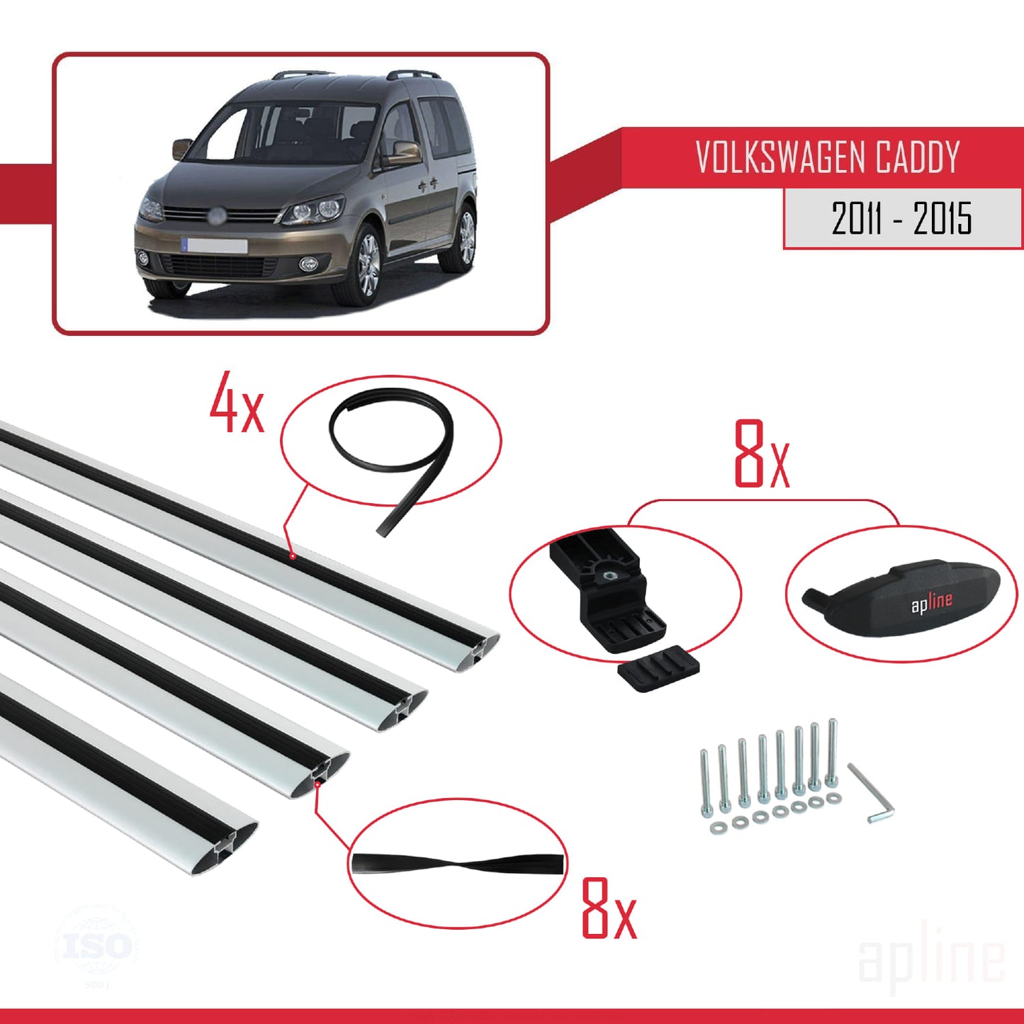 Compatible avec Volkswagen Caddy 3 (2K) 2011-2015 BASIC Model Barres de Toit Railing Porte-Bagages de Voiture Gris Aluminium 4 Barres