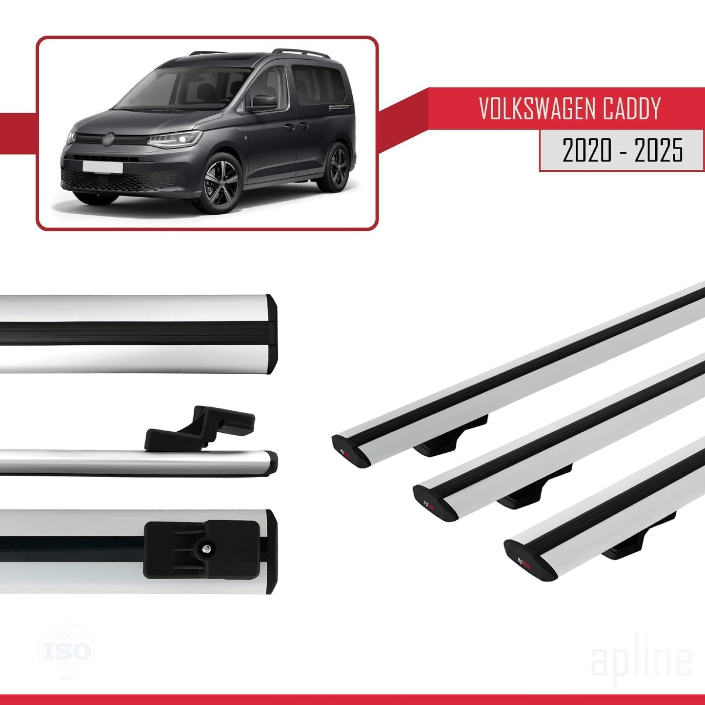 Compatible avec Volkswagen Caddy 4 (SB) 2020-2025 BASIC Model Barres de Toit Railing Porte-Bagages de Voiture Gris Aluminium 3 Barres