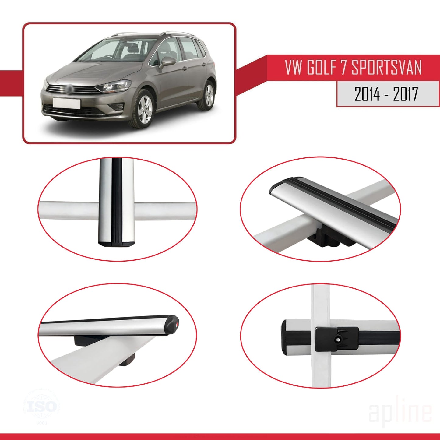 Compatible avec Volkswagen Golf Sportvan 2014-2017 BASIC Model Barres de Toit Railing Porte-Bagages de Voiture Gris Aluminium 3 Barres