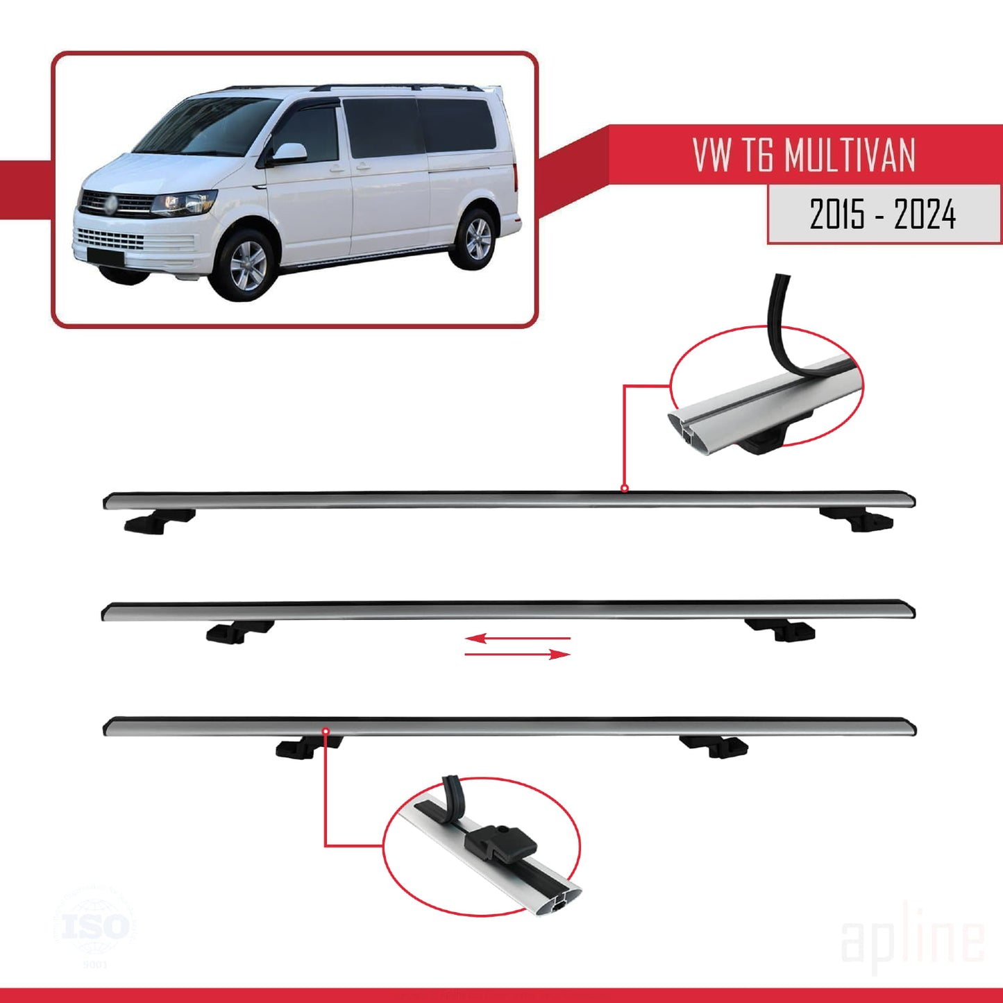 Compatible avec Volkswagen T6 Multivan 2015-2024 BASIC Model Barres de Toit Railing Porte-Bagages de Voiture Gris Aluminium 2 Barres