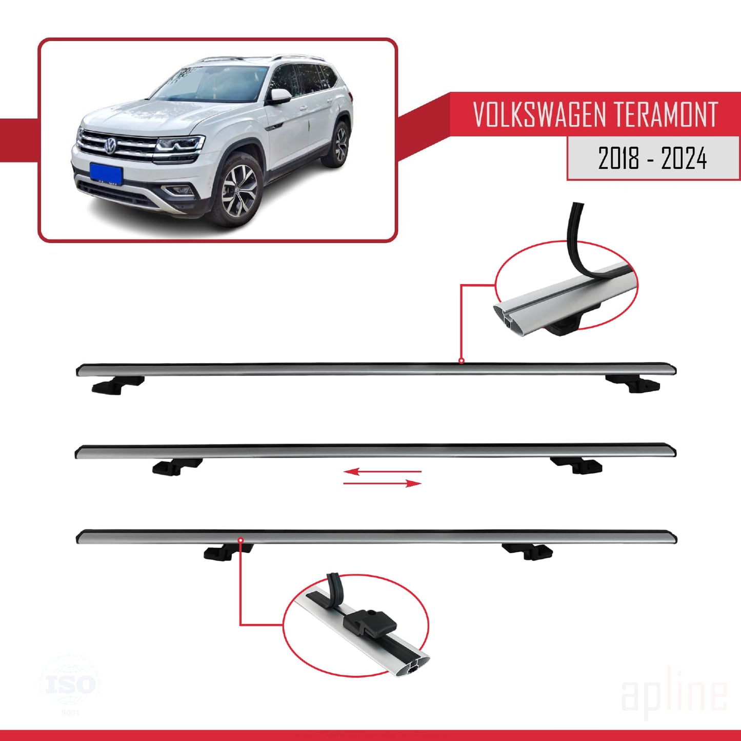 Compatible with Volkswagen Teramont (CA1) 2018-2024 BASIC Model Car Roof Rack Cross Bar Grey Aluminium 3 Bars