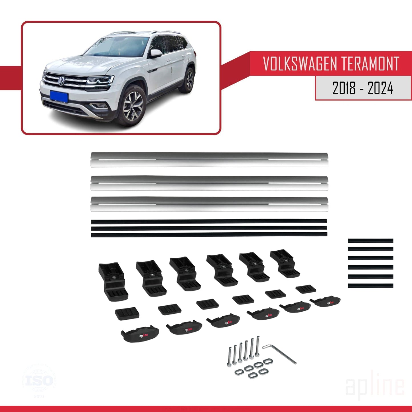 Compatible with Volkswagen Teramont (CA1) 2018-2024 BASIC Model Car Roof Rack Cross Bar Grey Aluminium 3 Bars