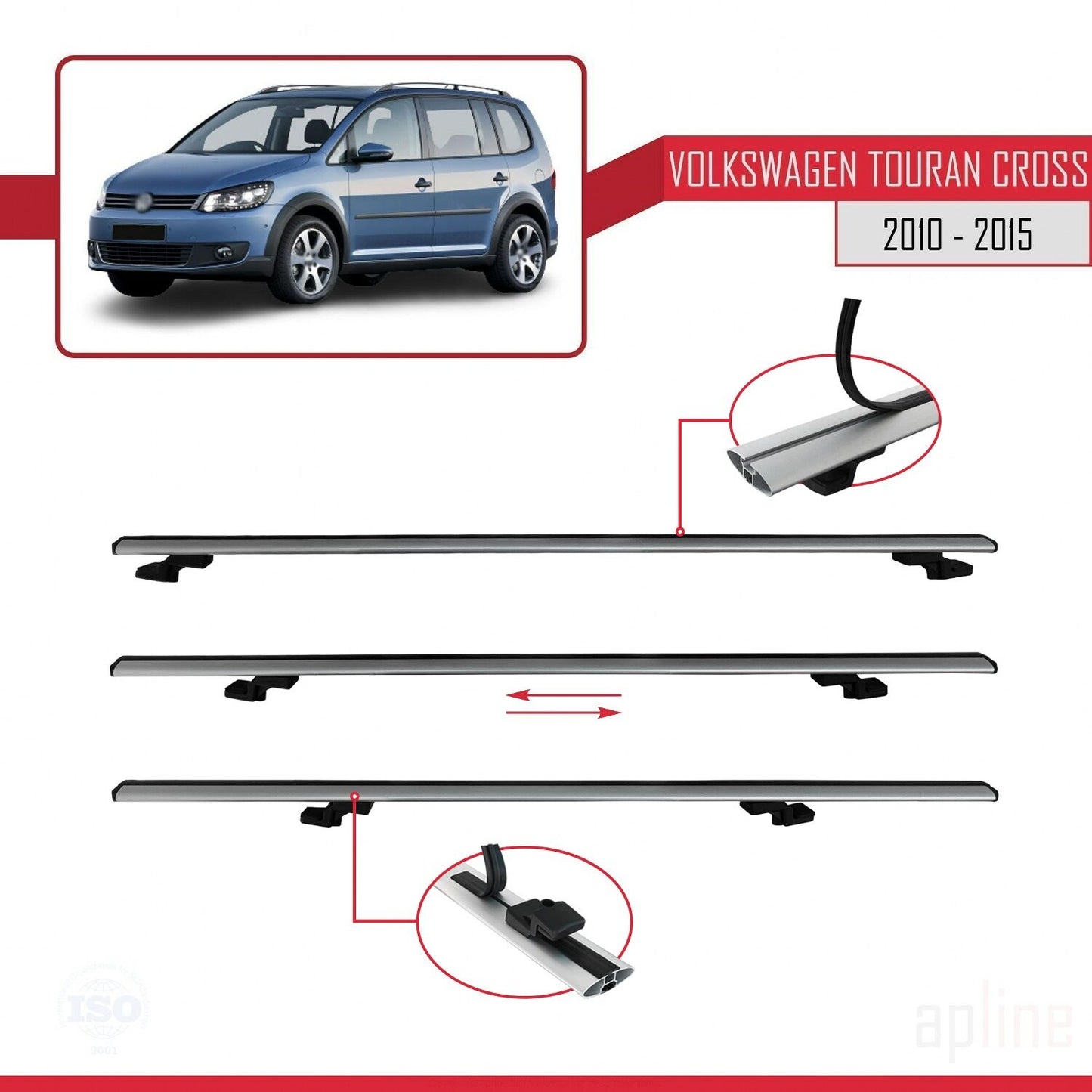 Compatible avec Volkswagen Touran Cross Post-Facelift 2010-2015 BASIC Model Barres de Toit Railing Porte-Bagages de Voiture Gris Aluminium 3 Barres