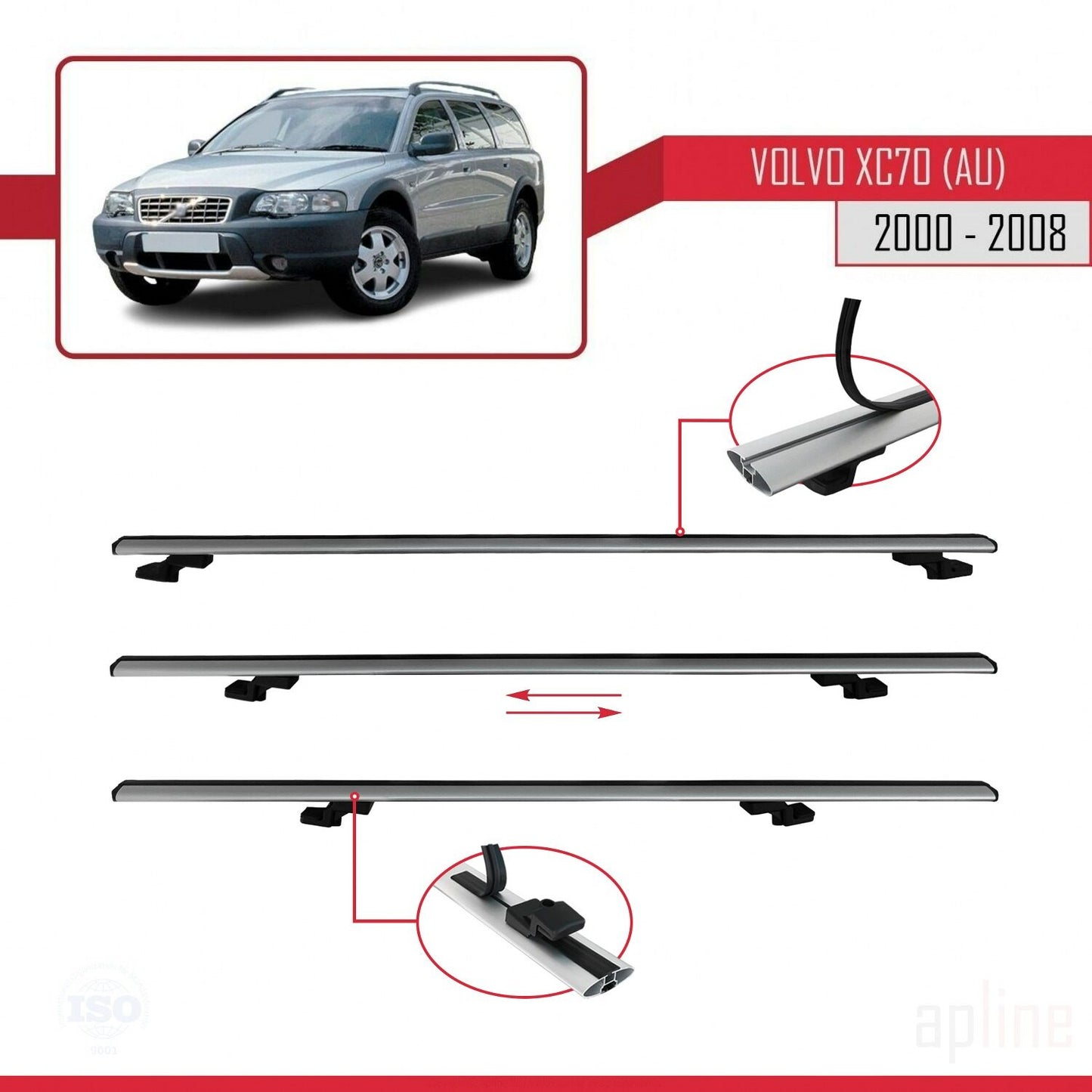 Compatible avec Volvo XC70 (P2) 2000-2007 BASIC Model Barres de Toit Railing Porte-Bagages de Voiture Gris Aluminium 3 Barres
