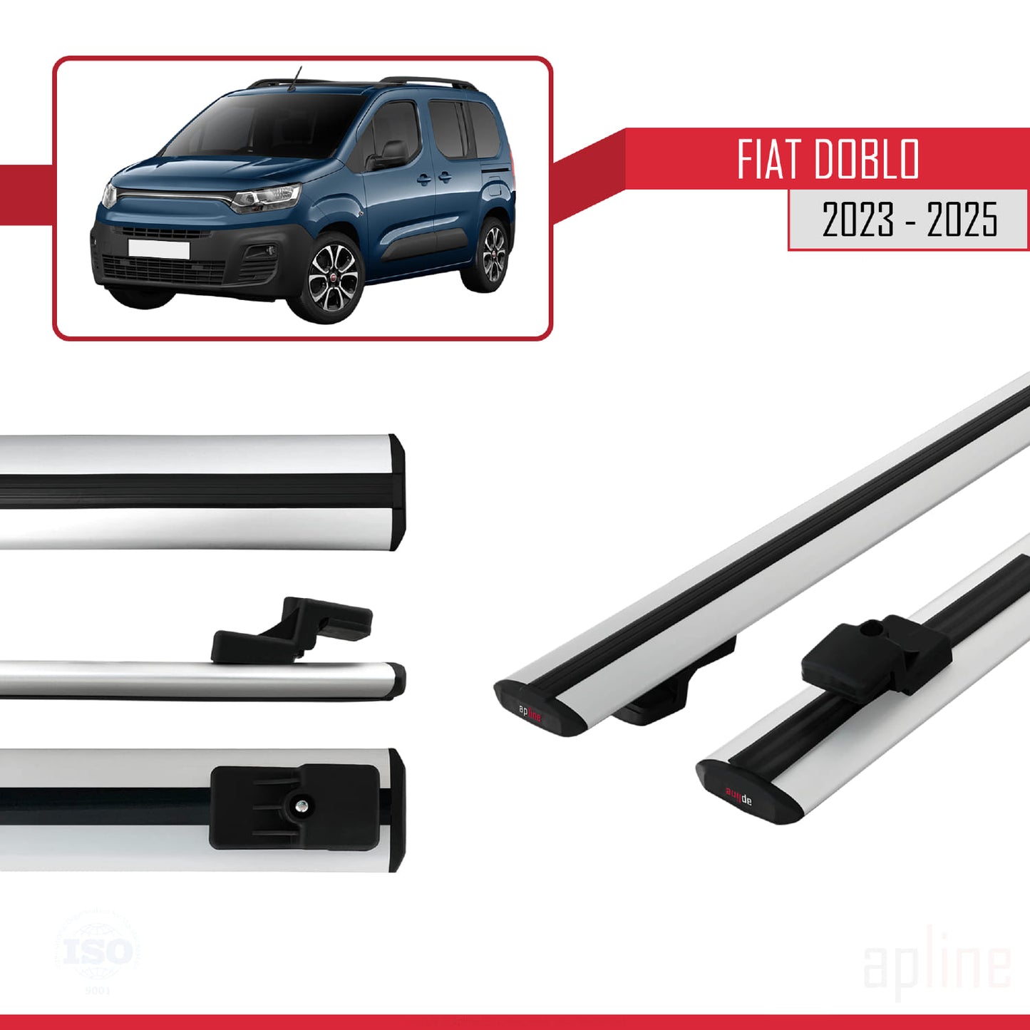 Compatible avec Fiat Doblo 3 2023-2025 BASIC Model Barres de Toit Railing Porte-Bagages de Voiture Gris Aluminium 2 Barres