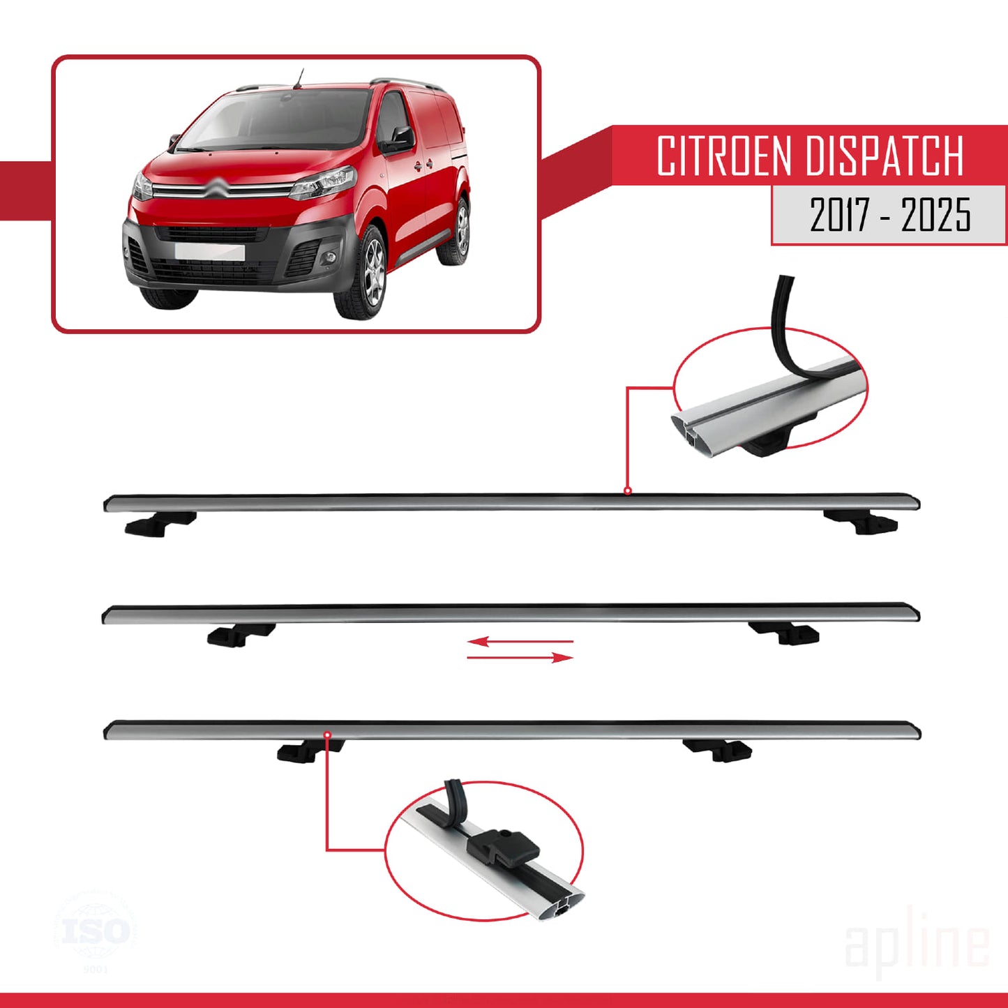 Compatible avec Citroen Dispatch (K0) 2017-2025 BASIC Model Barres de Toit Railing Porte-Bagages de Voiture Gris Aluminium 2 Barres
