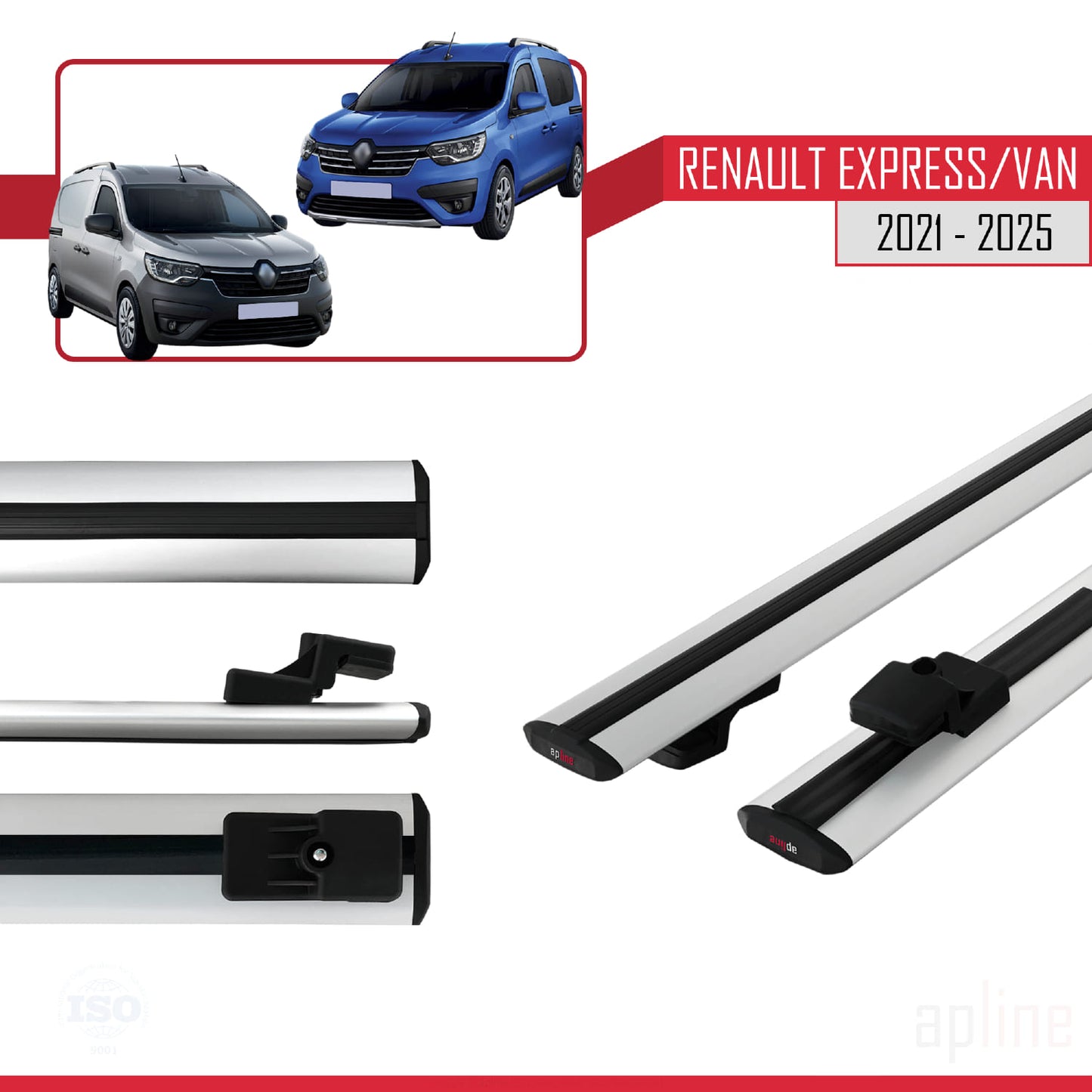 Compatible avec Renault Express 2021-2025 BASIC Model Barres de Toit Railing Porte-Bagages de Voiture Gris Aluminium 2 Barres