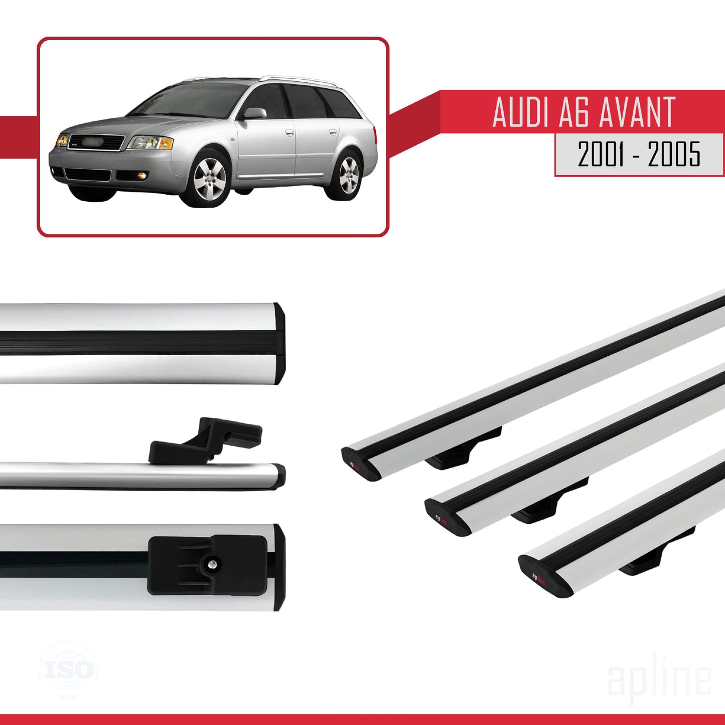 Compatible avec Audi A6 Avant 2001-2005 BASIC Model Barres de Toit Railing Porte-Bagages de Voiture Gris Aluminium 3 Barres