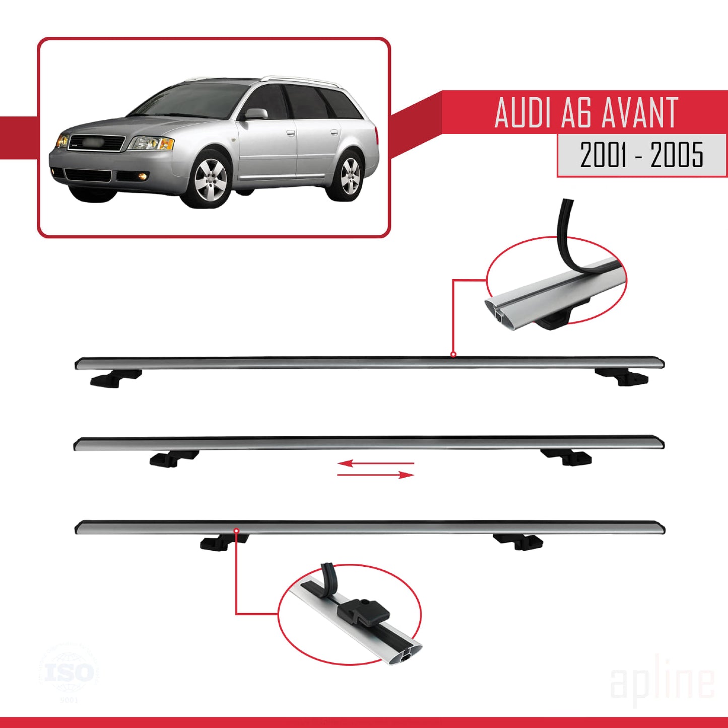 Compatible avec Audi A6 Avant 2001-2005 BASIC Model Barres de Toit Railing Porte-Bagages de Voiture Gris Aluminium 3 Barres