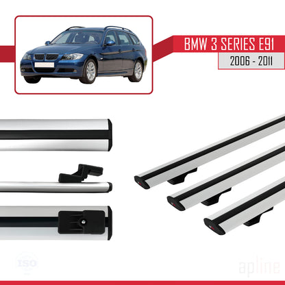 Compatible avec BMW 3 Series E91 Touring 2006-2011 BASIC Model Barres de Toit Railing Porte-Bagages de Voiture Gris Aluminium 3 Barres