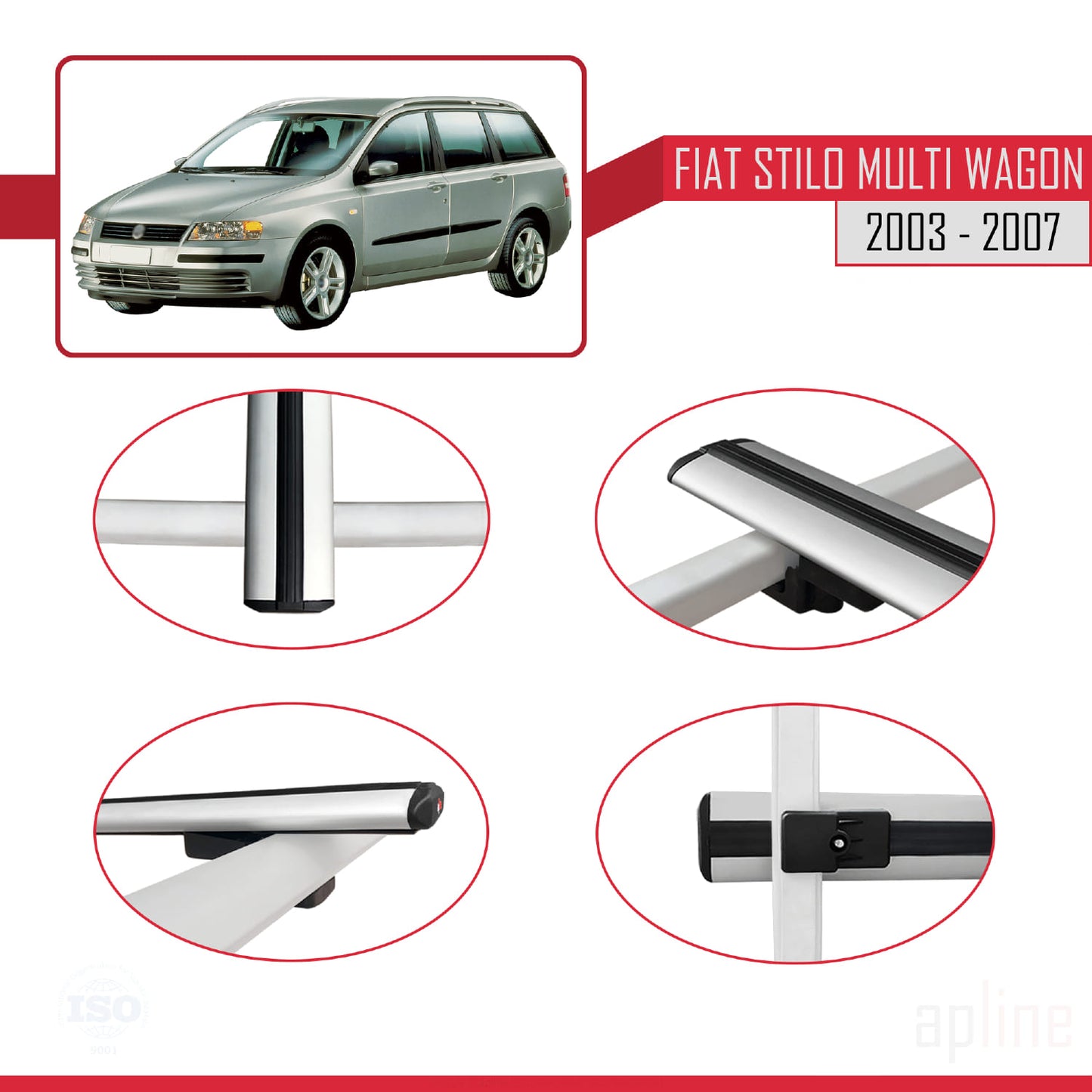 Compatible avec Fiat Stilo Multi Wagon 2003-2007 BASIC Model Barres de Toit Railing Porte-Bagages de Voiture Gris Aluminium 3 Barres