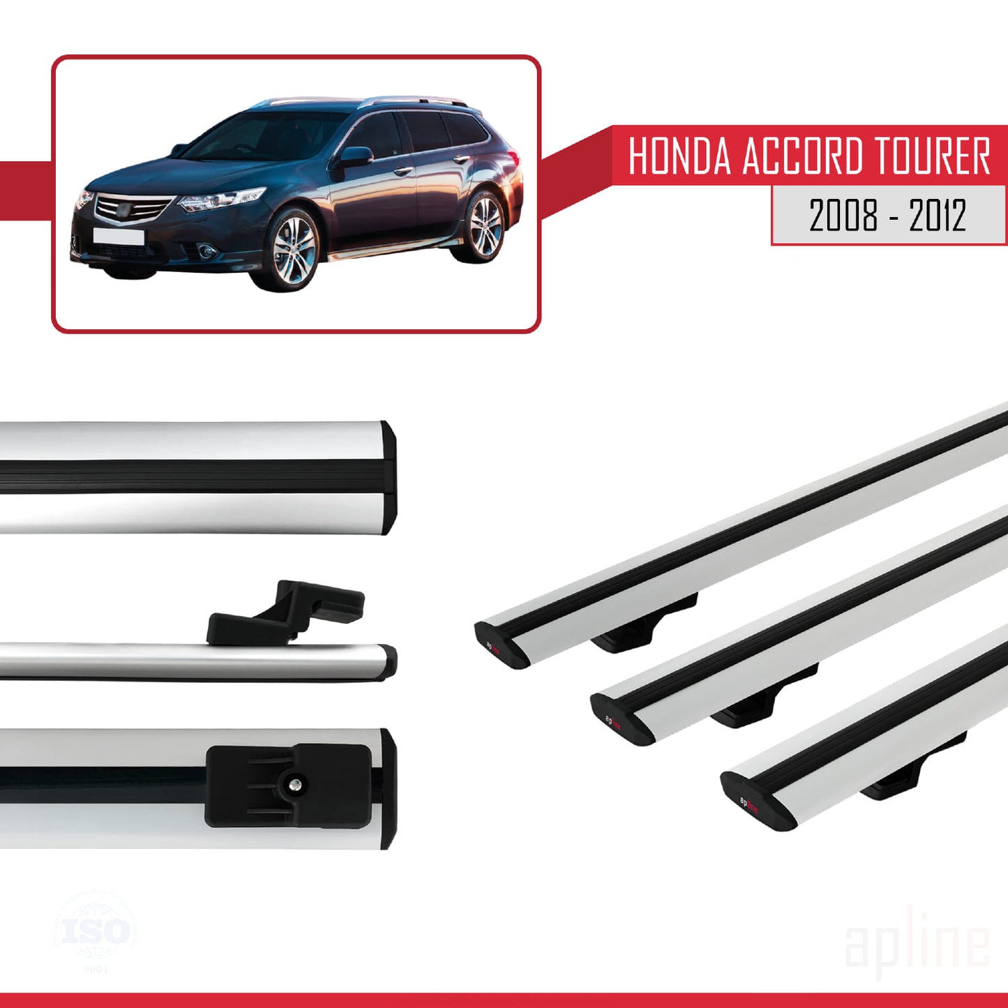 Compatible avec Honda Accord Tourer 2008-2012 BASIC Model Barres de Toit Railing Porte-Bagages de Voiture Gris Aluminium 3 Barres
