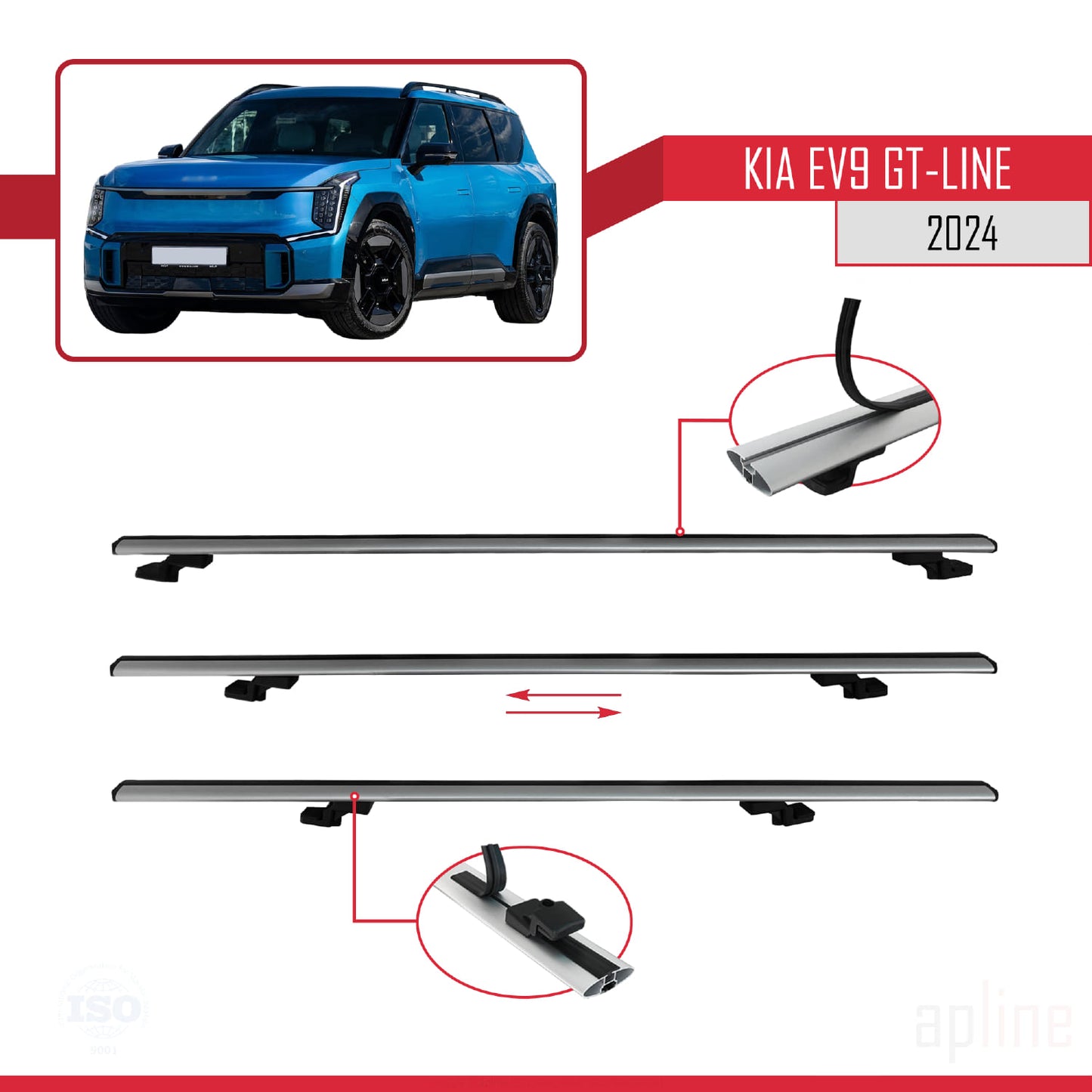 Compatible avec KIA EV9 GT-LINE 2024-2025 BASIC Model Barres de Toit Railing Porte-Bagages de Voiture Gris Aluminium 2 Barres