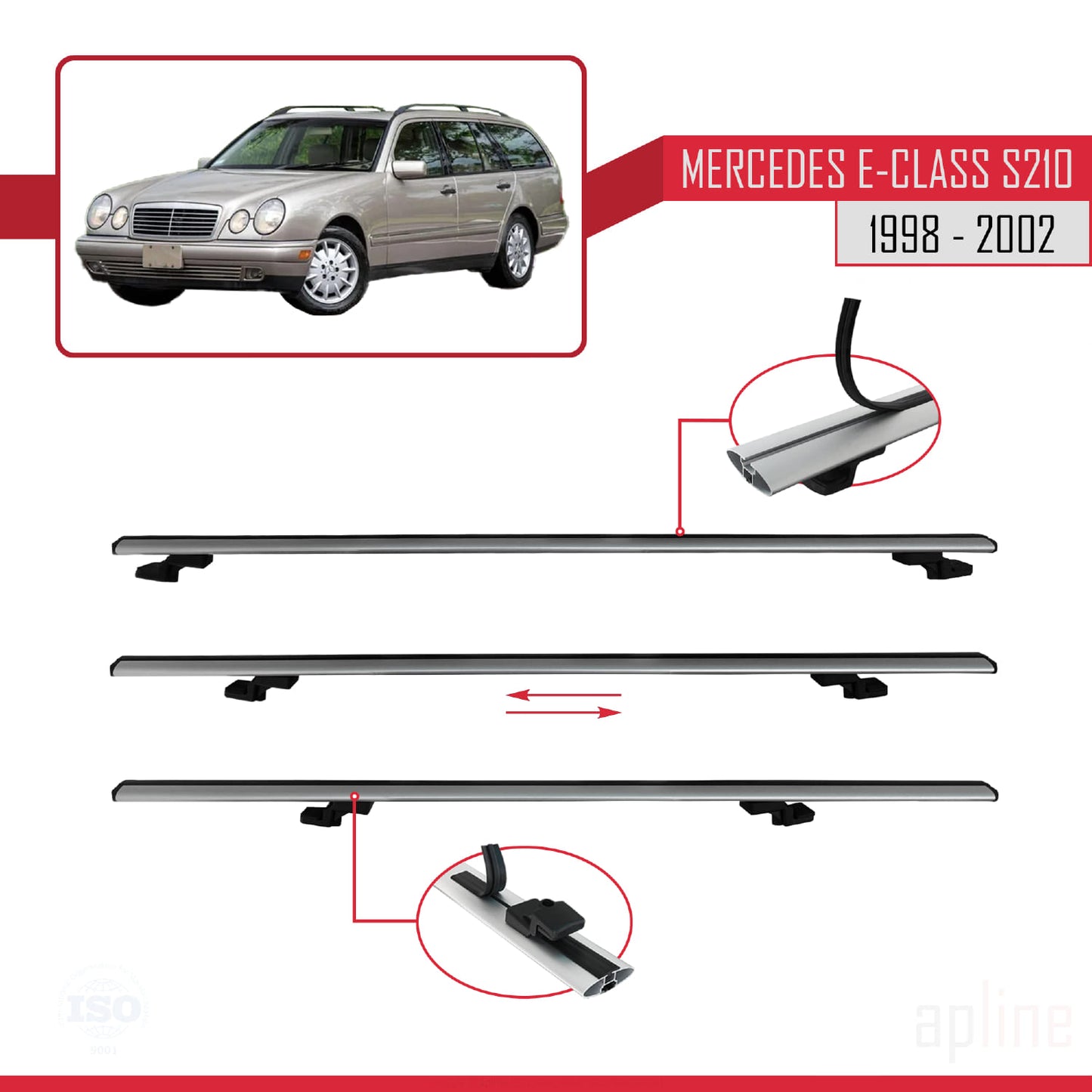 Compatible avec Mercedes E Class S210 Wagon 1998-2002 BASIC Model Barres de Toit Railing Porte-Bagages de Voiture Gris Aluminium 3 Barres