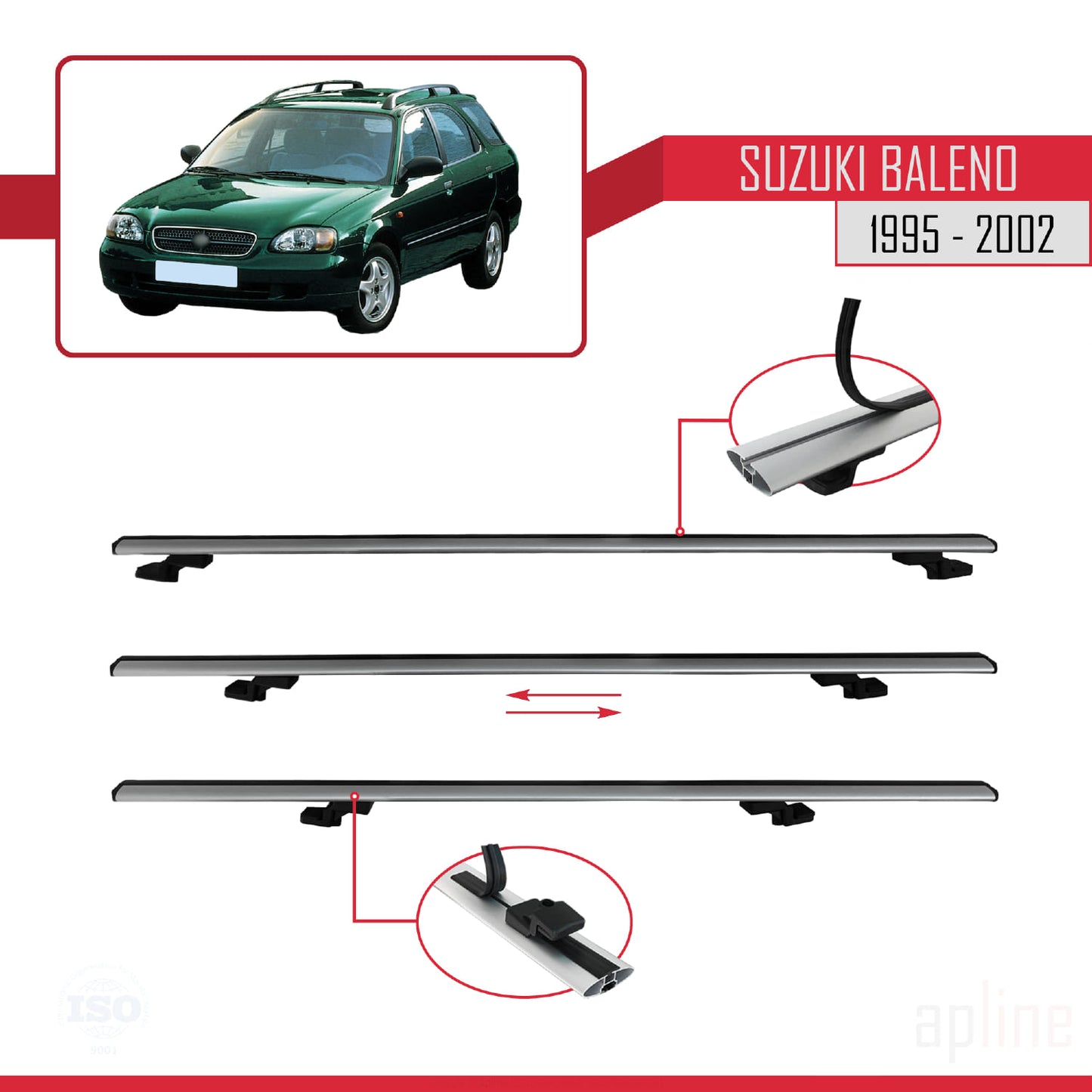 Compatible with Suzuki Baleno 1995-2002 BASIC Model Car Roof Rack Cross Bar Grey Aluminium 3 Bars
